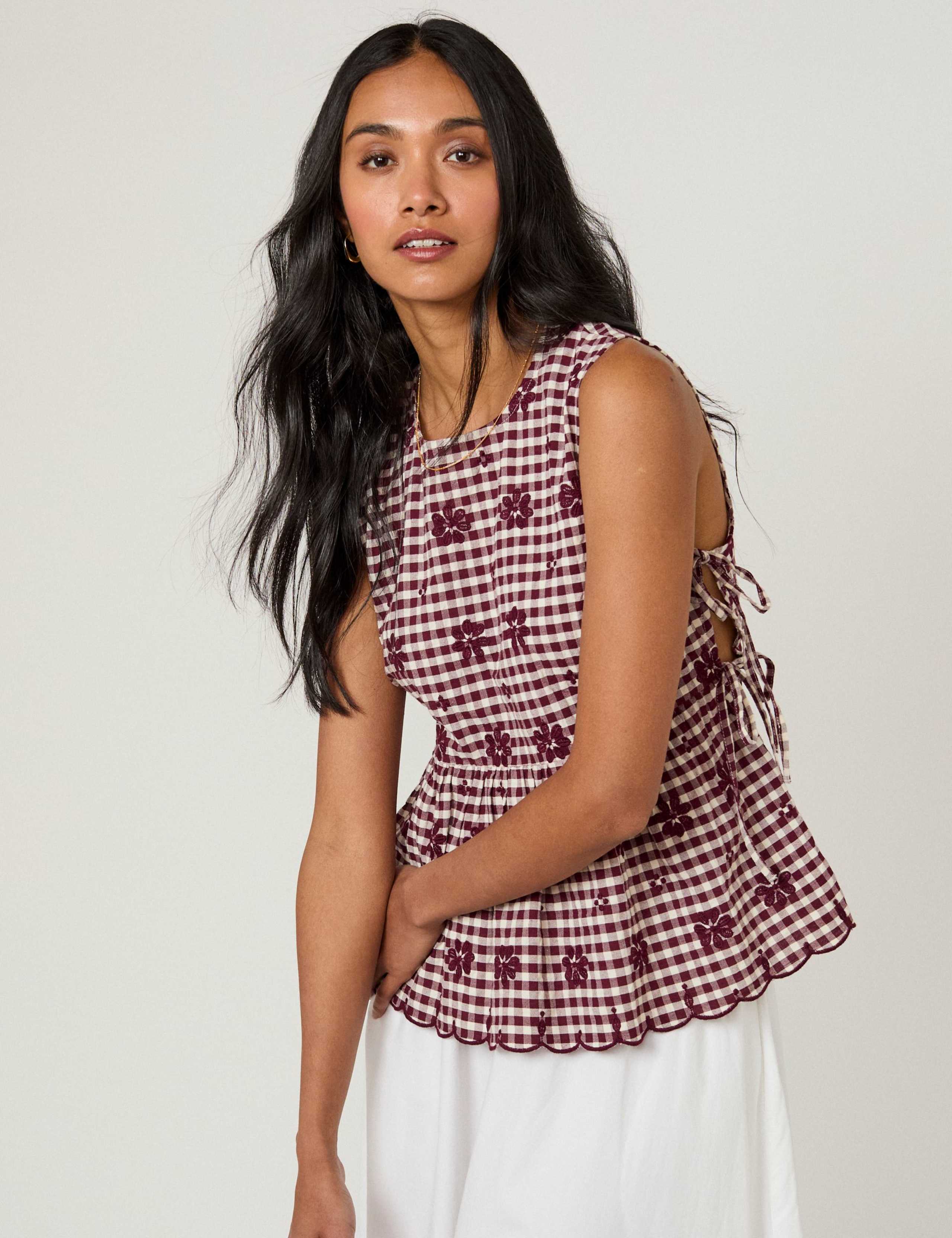 Pure Cotton Checked Embroidered Peplum Top