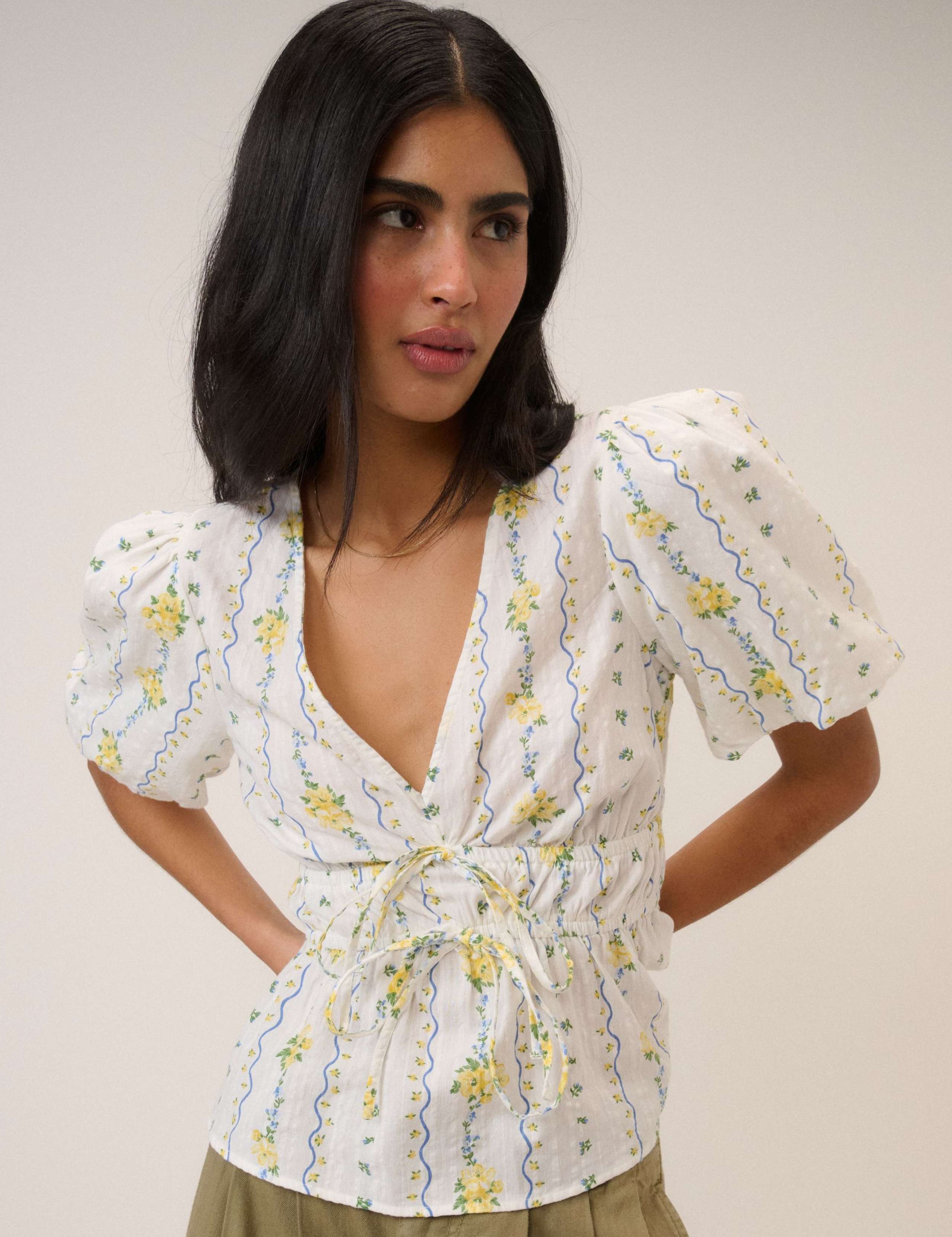 Pure Cotton Floral V-Neck Blouse