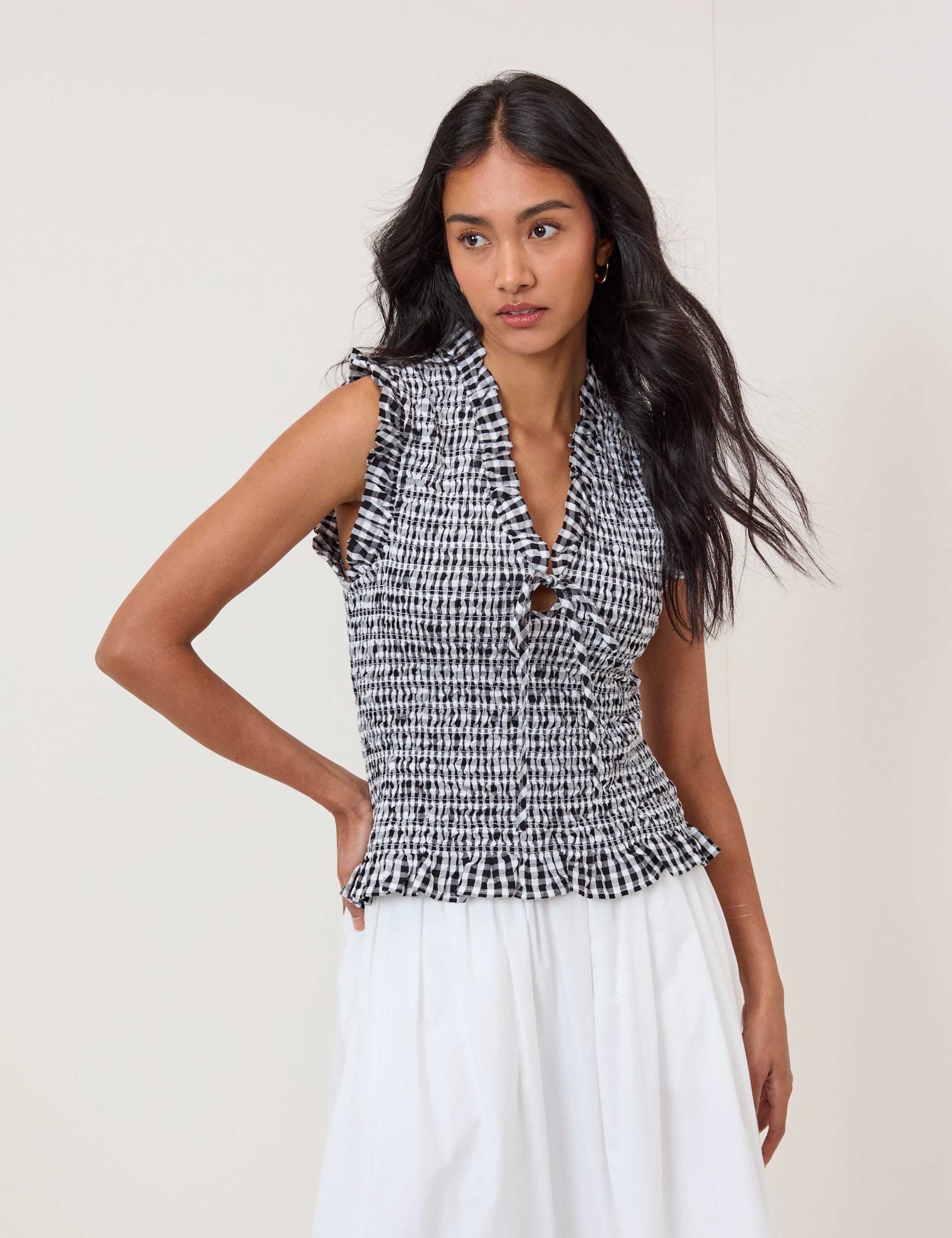 Pure Cotton Checked V-Neck Shirred Top