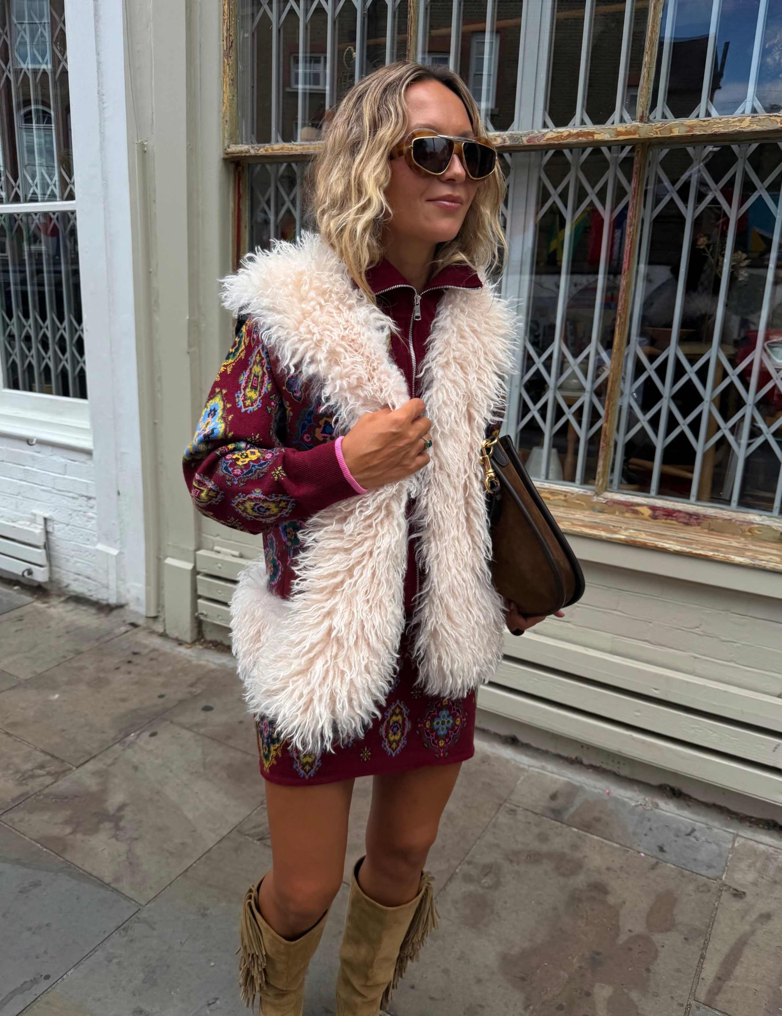 Pure Cotton Faux Fur Trim Printed Gilet