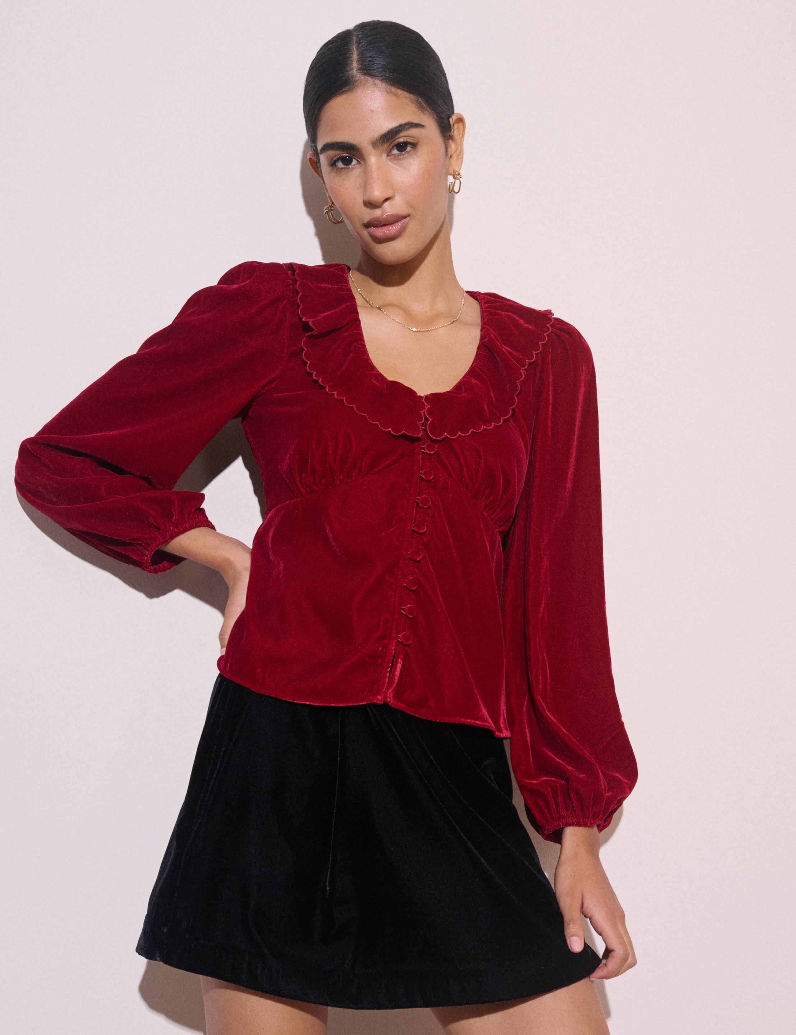 Velvet Collared Neck Button Through Blouse