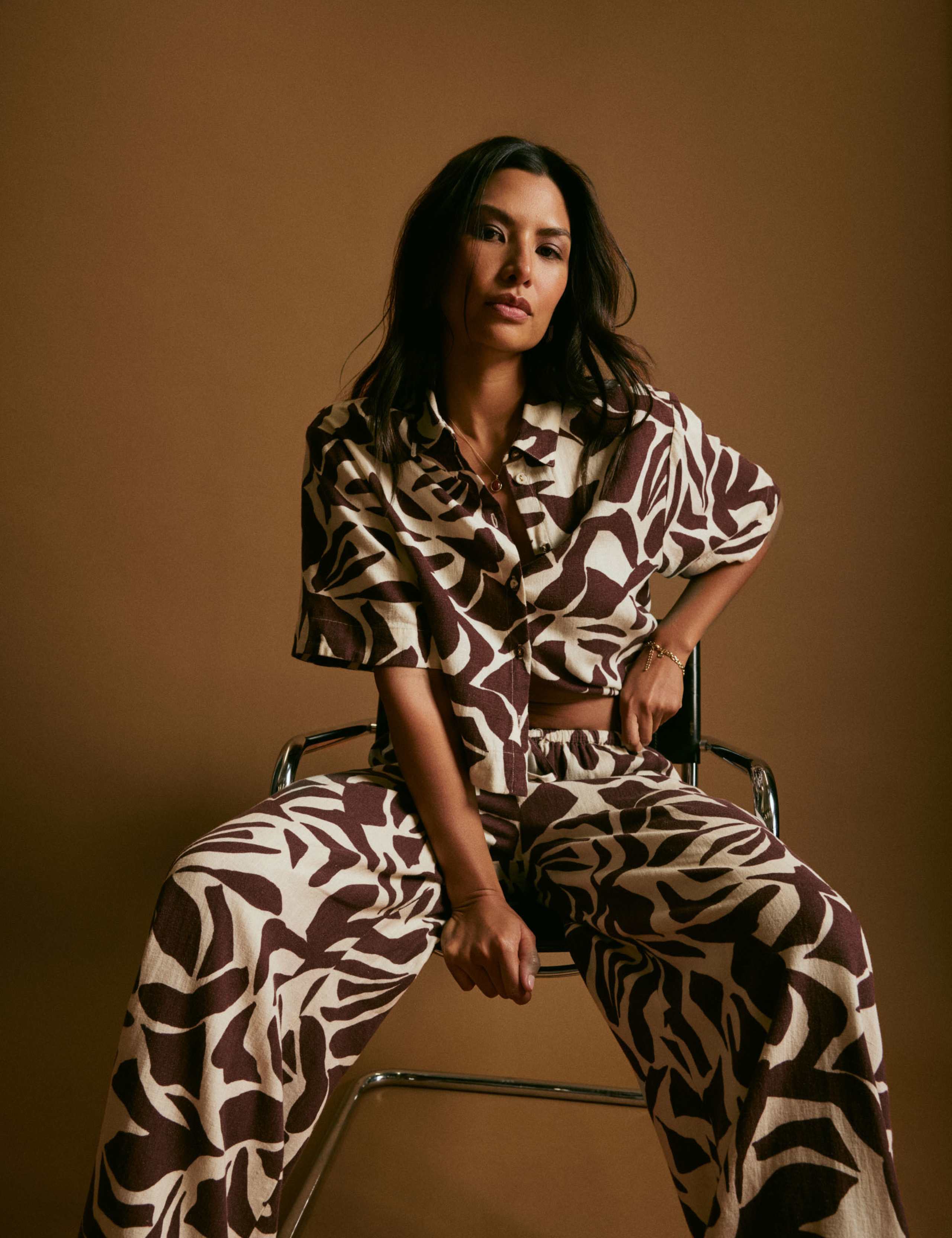 Linen Rich Printed Wide Leg Trousers