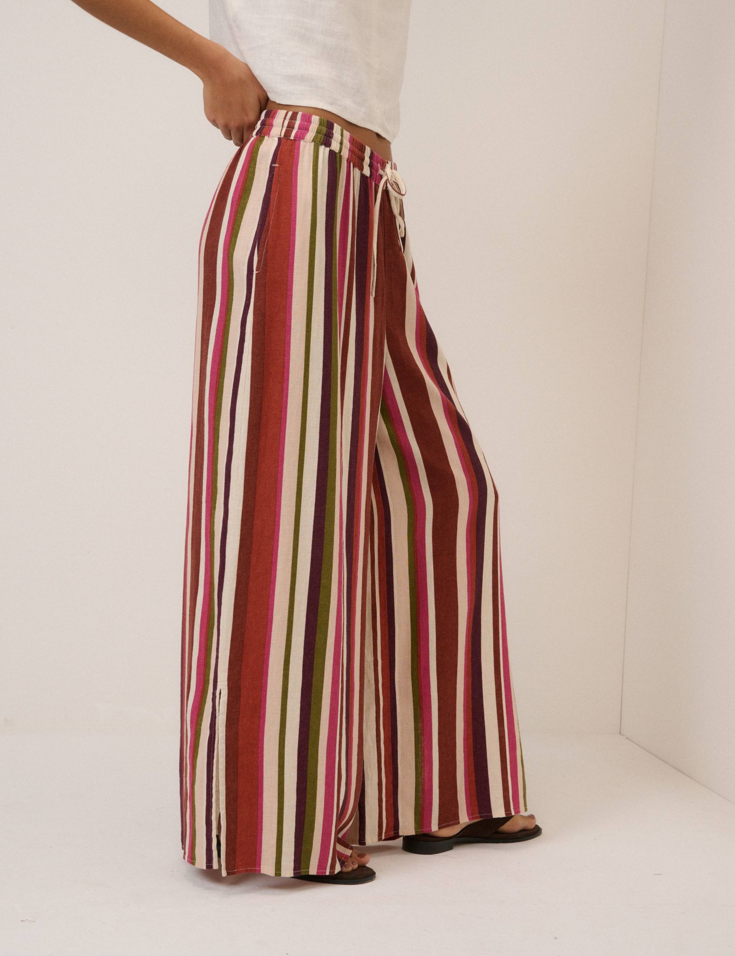 Linen Rich Striped Split Hem Wide Leg Trousers