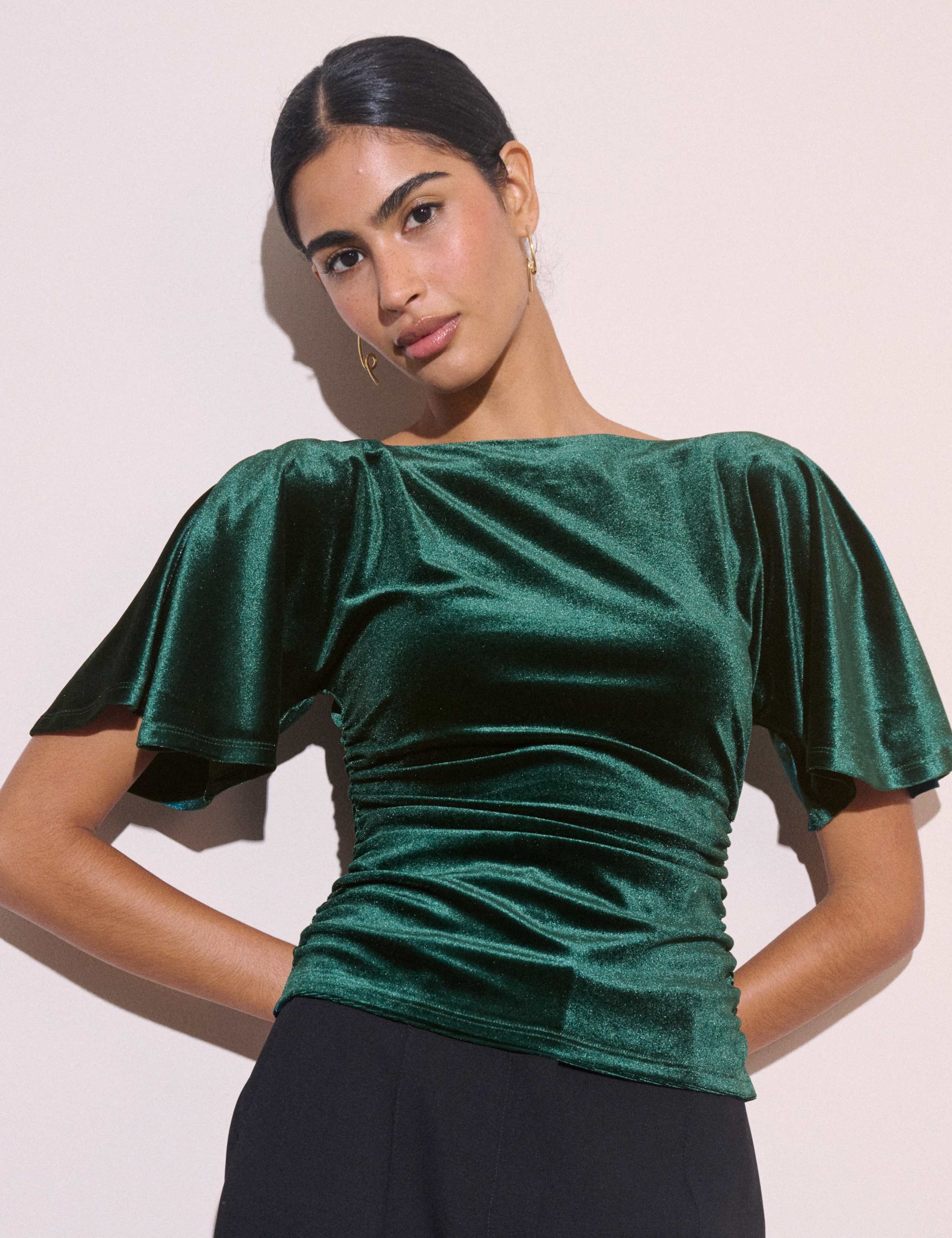 Velvet Ruched Angel Sleeve Top