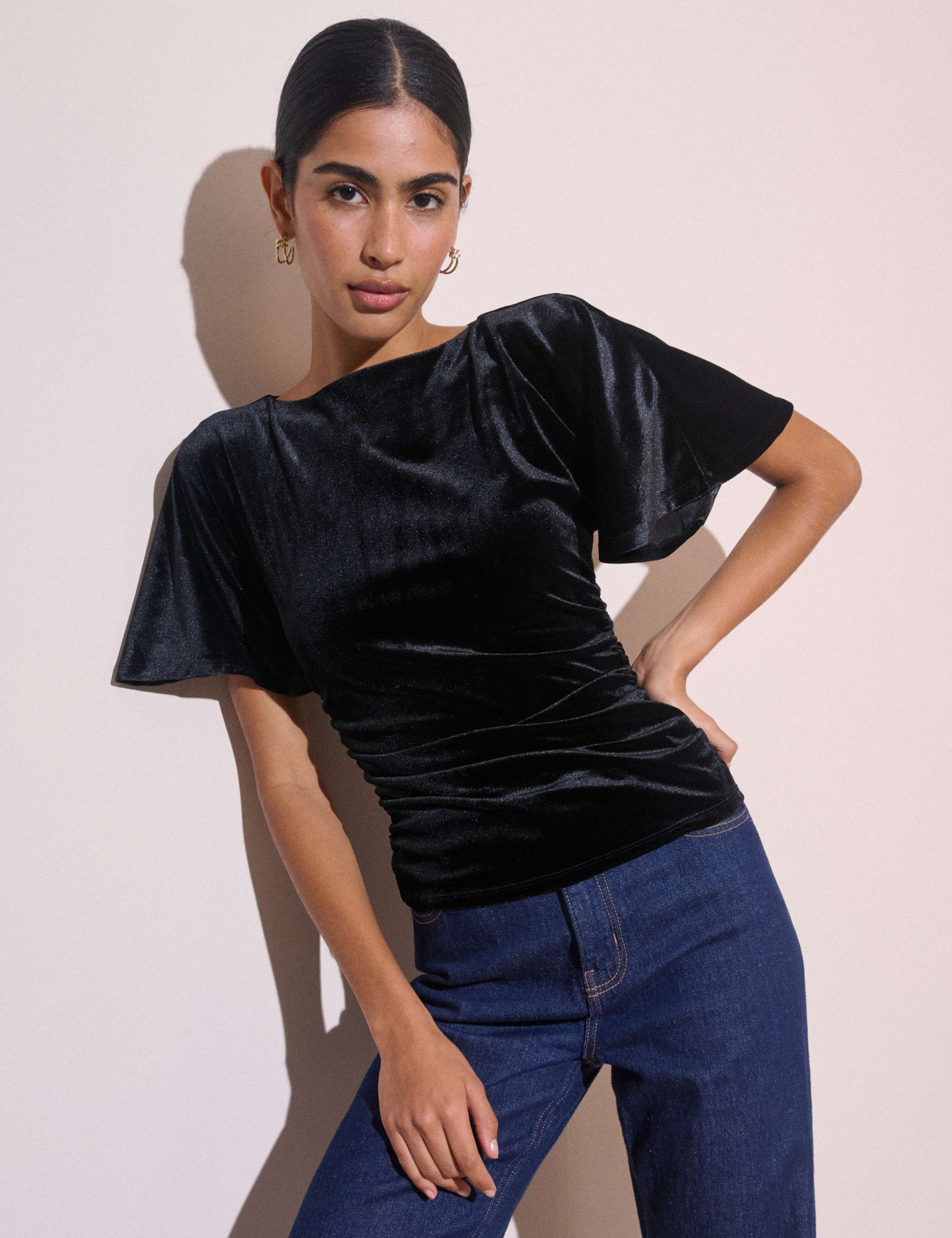 Velvet Ruched Angel Sleeve Top