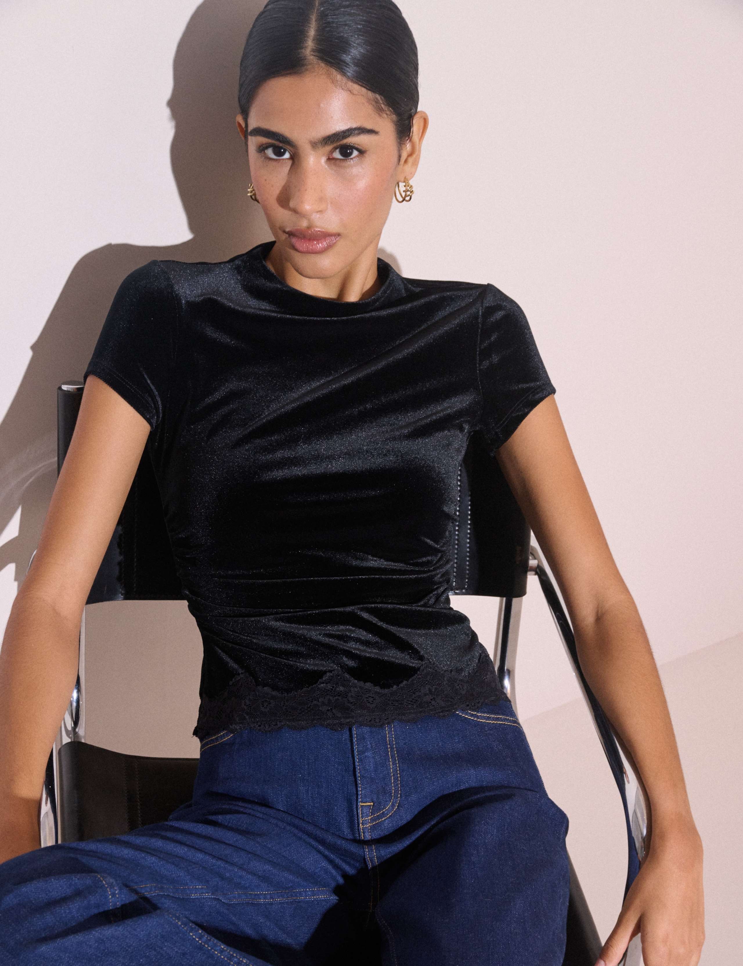 Velvet High Neck Fitted Lace Trim Top