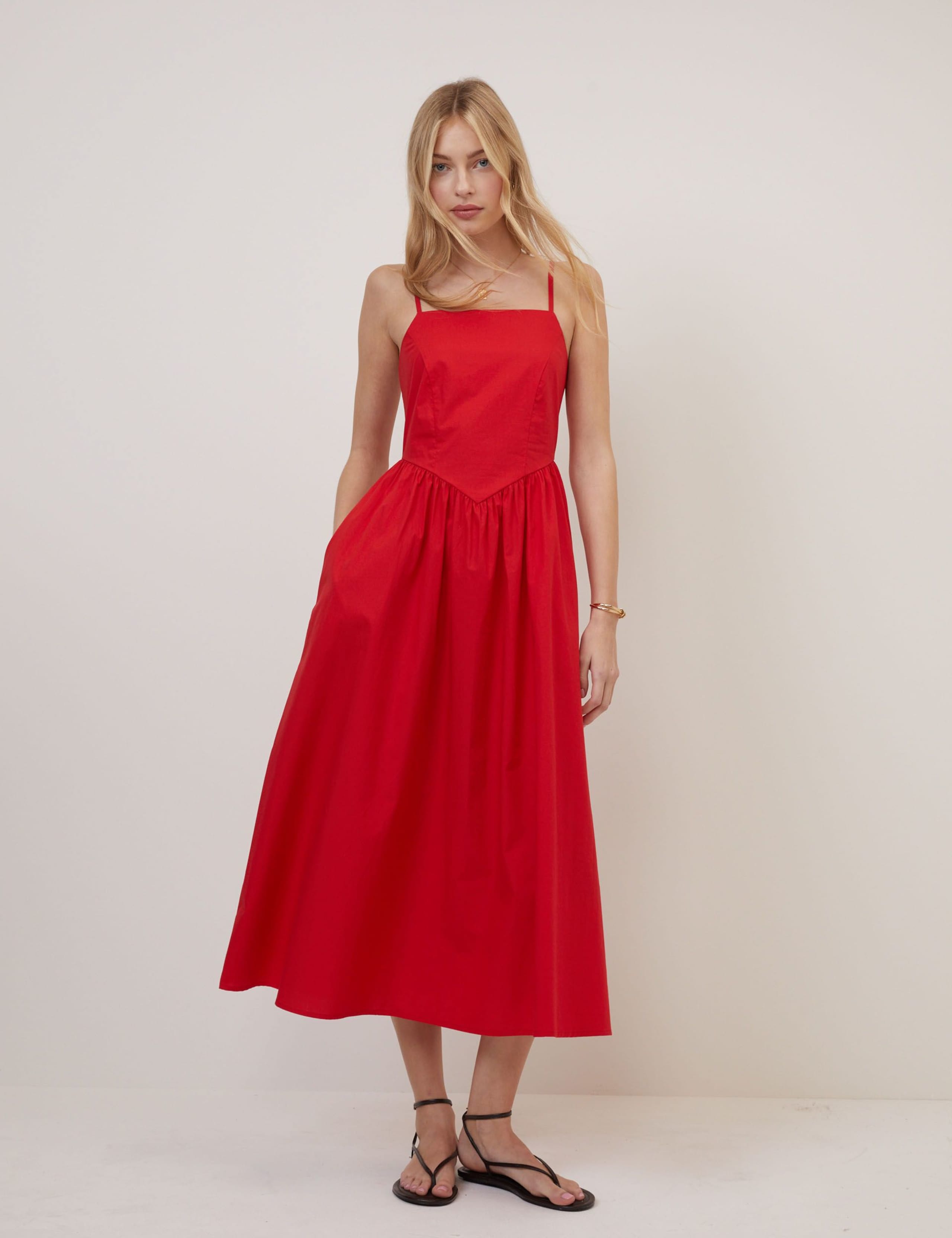 Pure Cotton Strappy Midi Waisted Dress