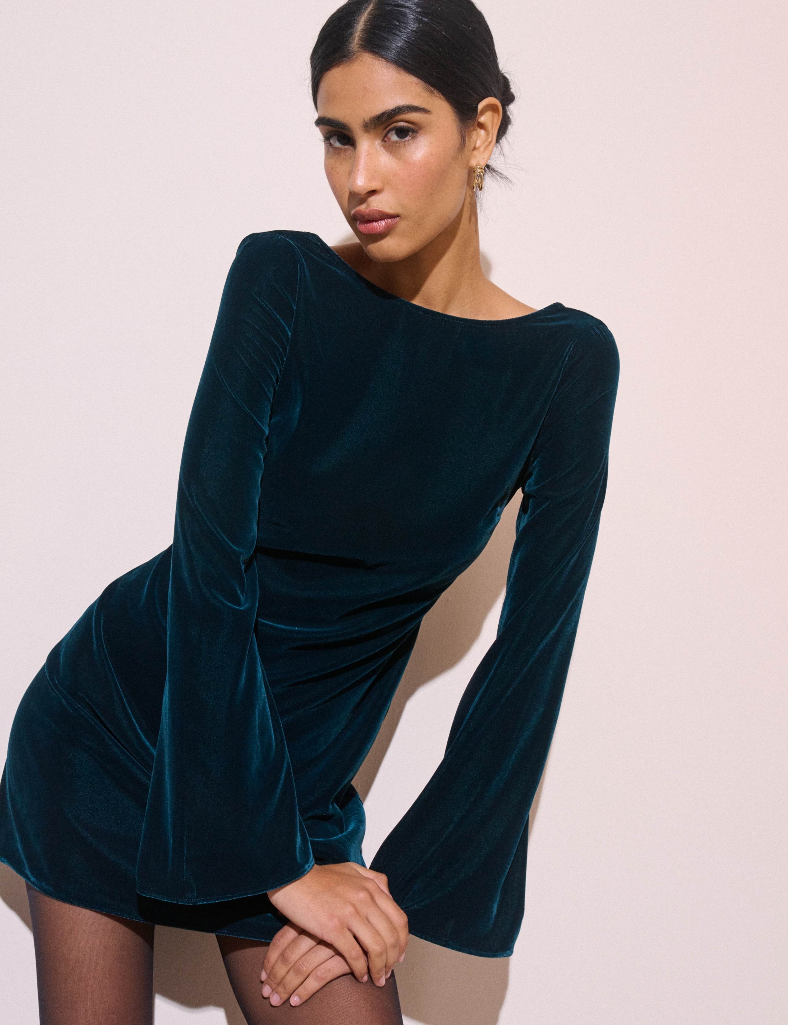 Crew Neck Tie Front Mini Smock Dress