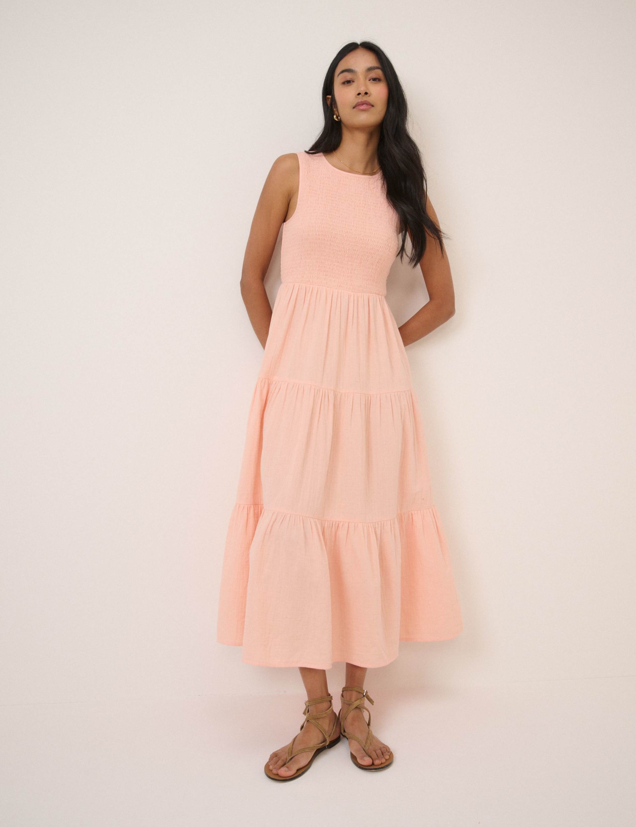 Pure Cotton Shirred Midaxi Tiered Dress