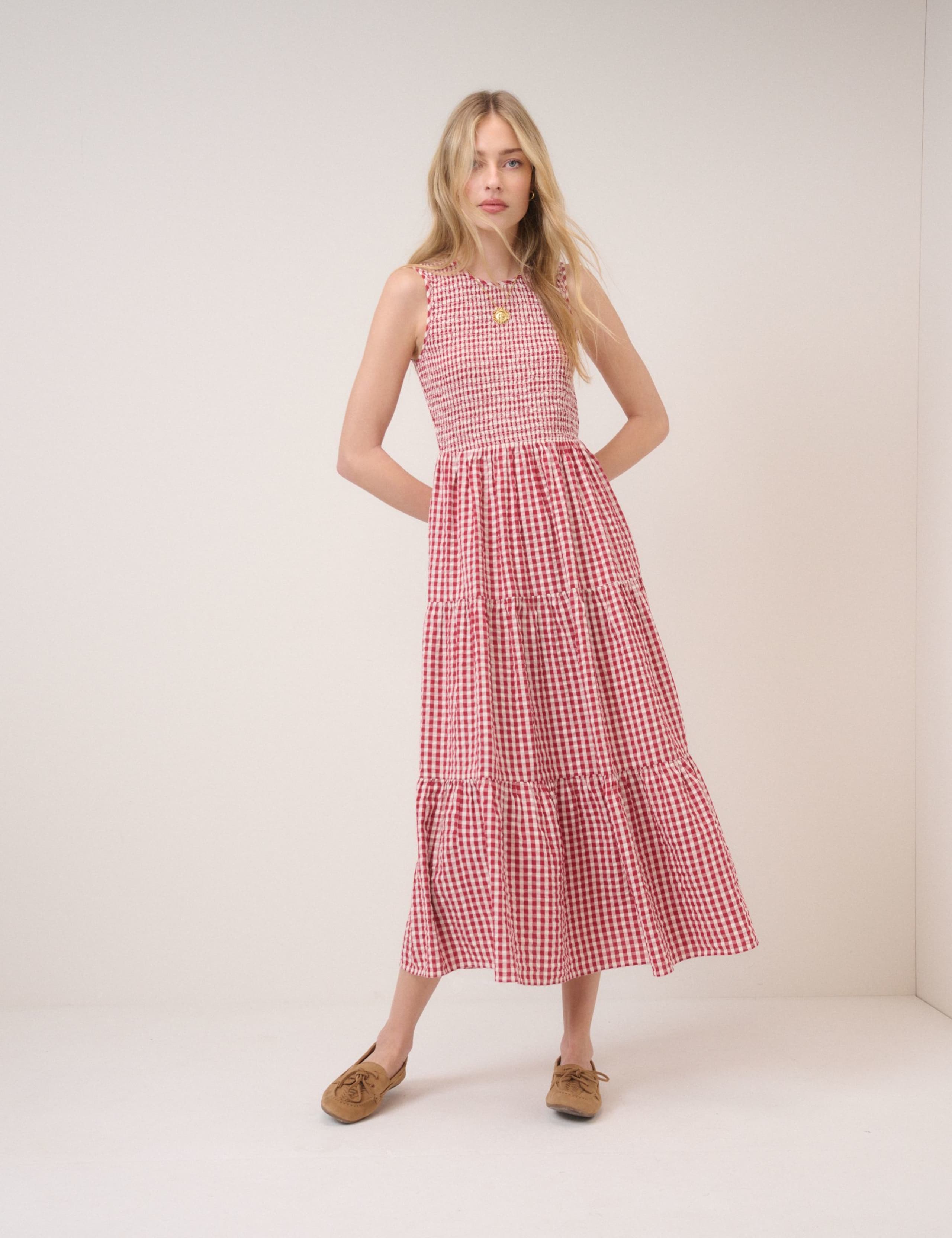 Pure Cotton Shirred Midaxi Tiered Dress