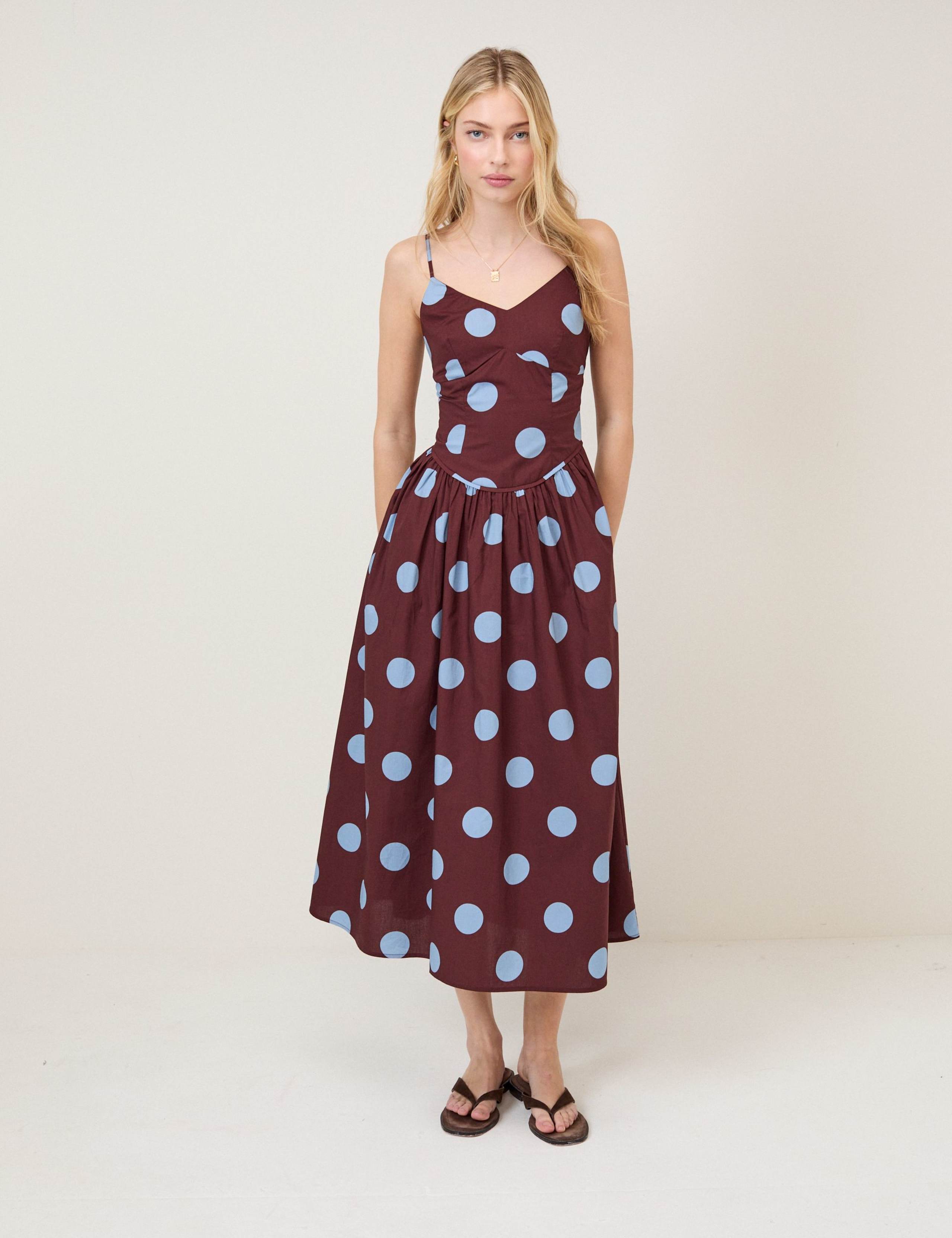 Pure Cotton Polka Dot Strappy Midi Skater Dress
