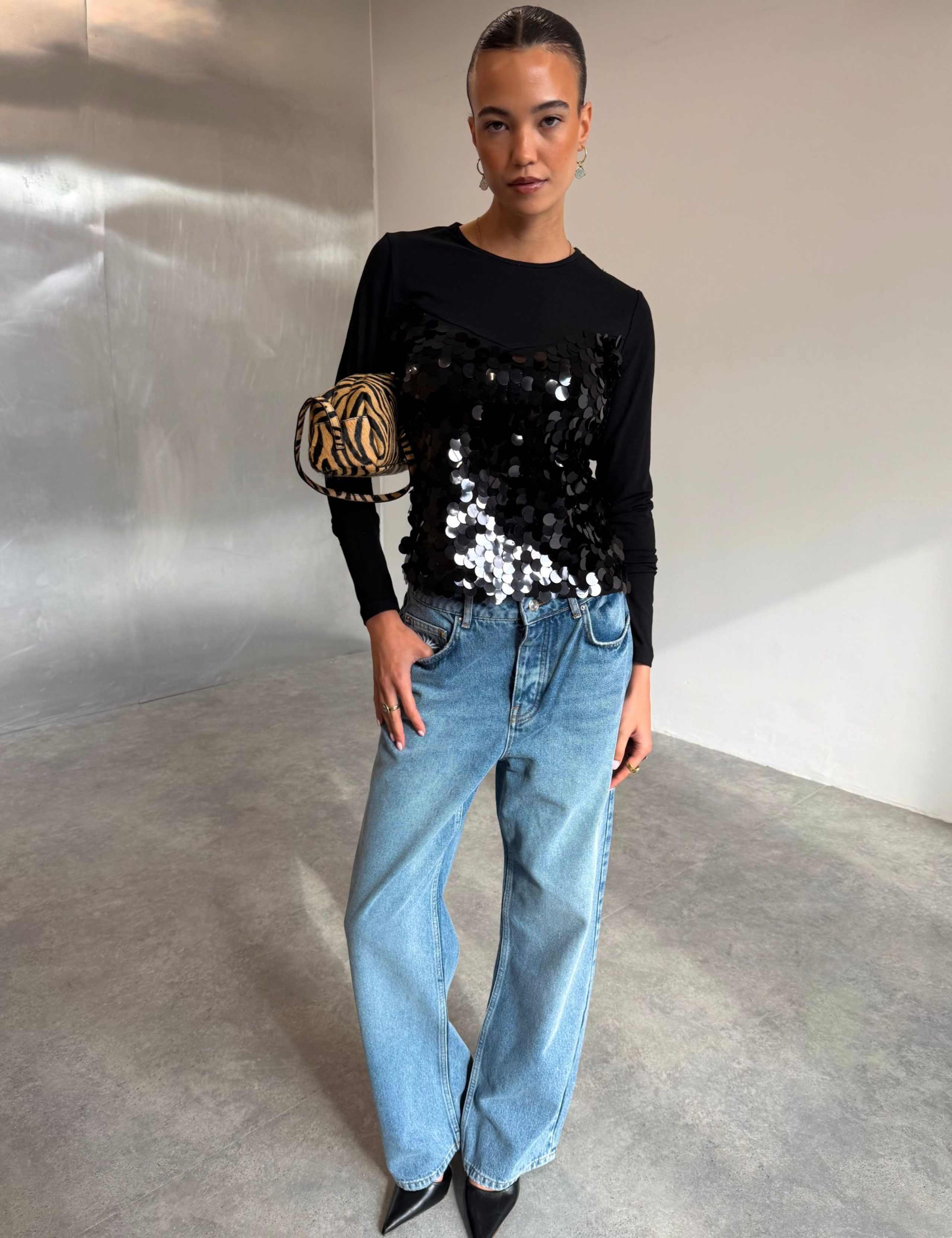 Cotton Rich Sequin Crew Neck Fitted T-Shirt