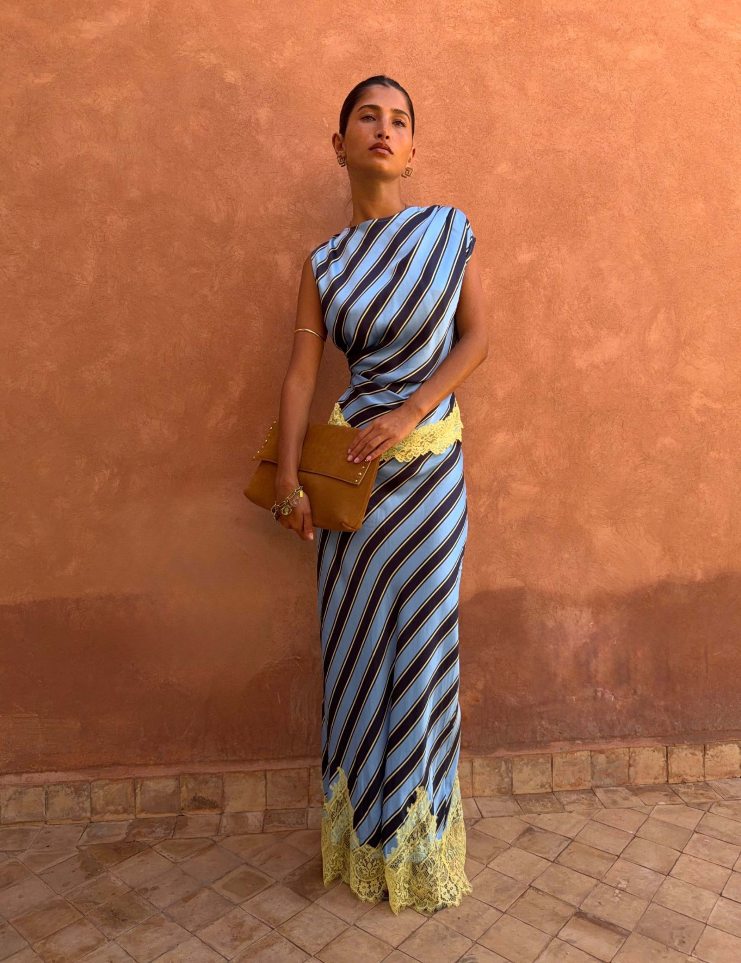 Striped Lace Detail Maxi Wrap Skirt
