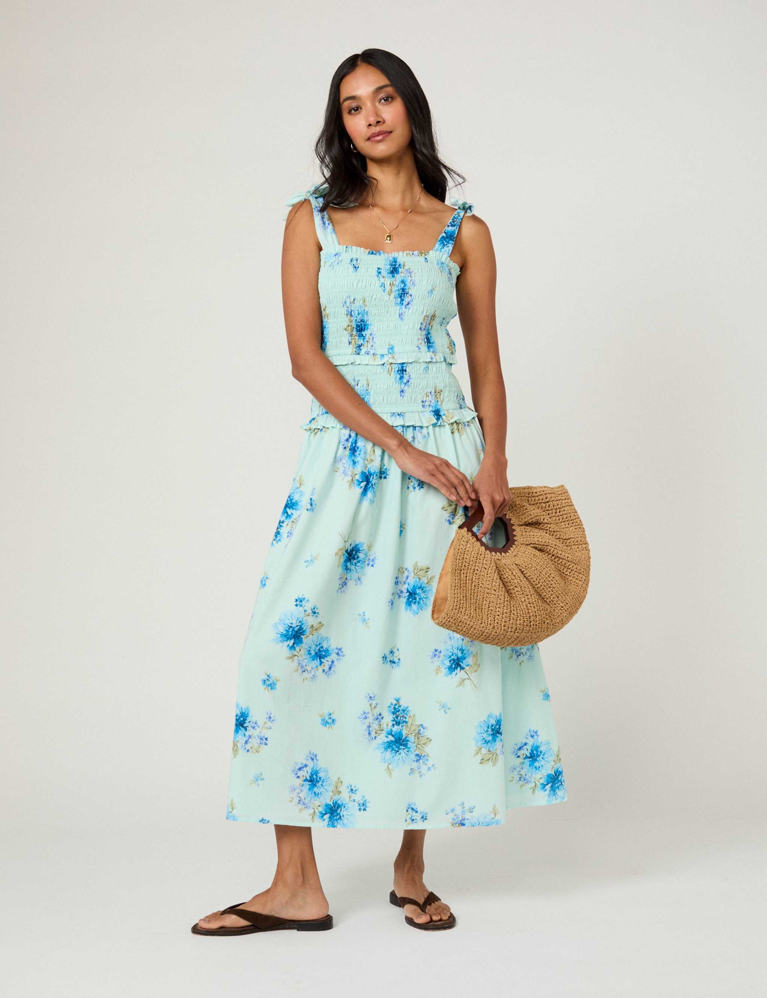 Pure Cotton Floral Midi Shirred Dress