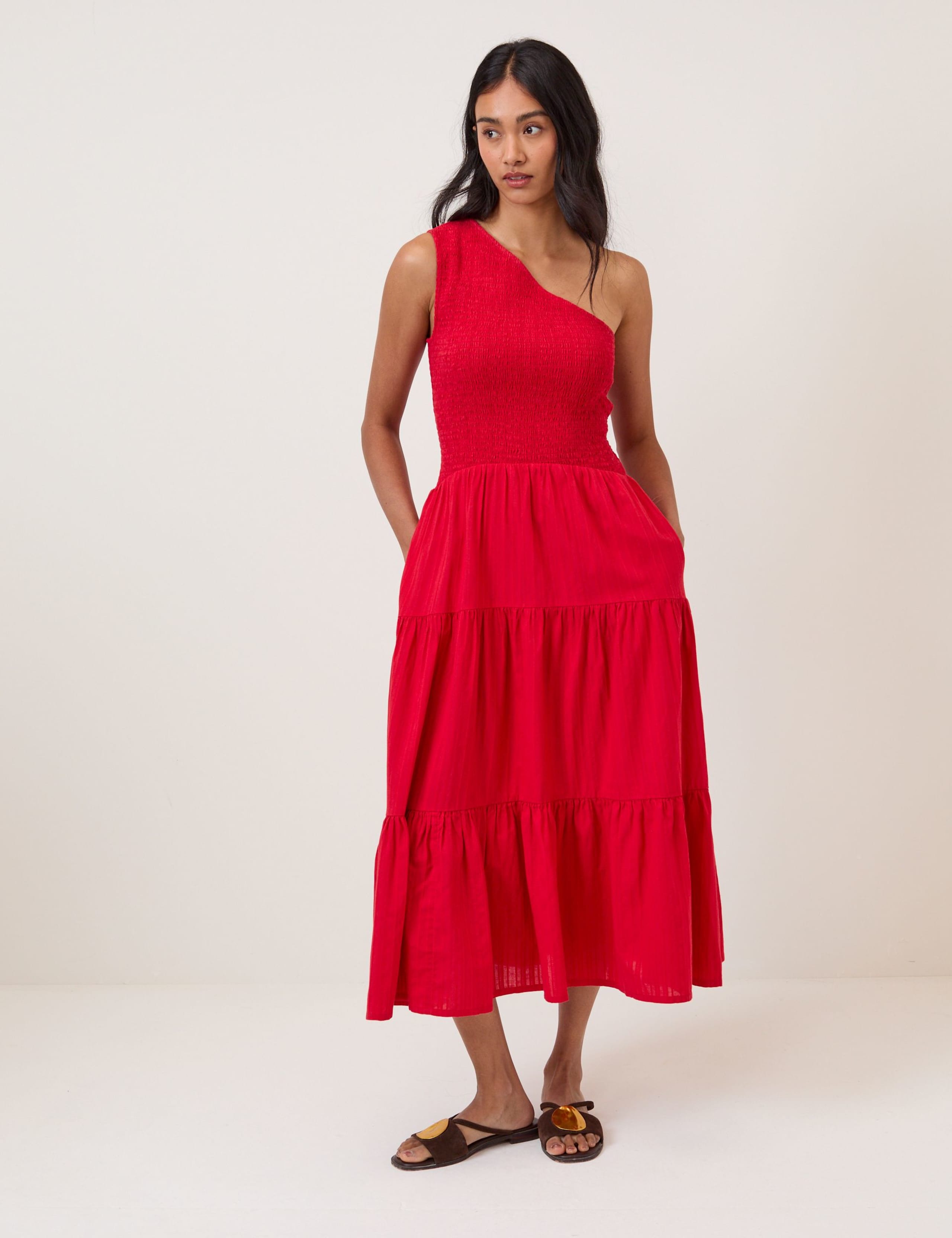 Pure Cotton One Shoulder Midi Tiered Dress