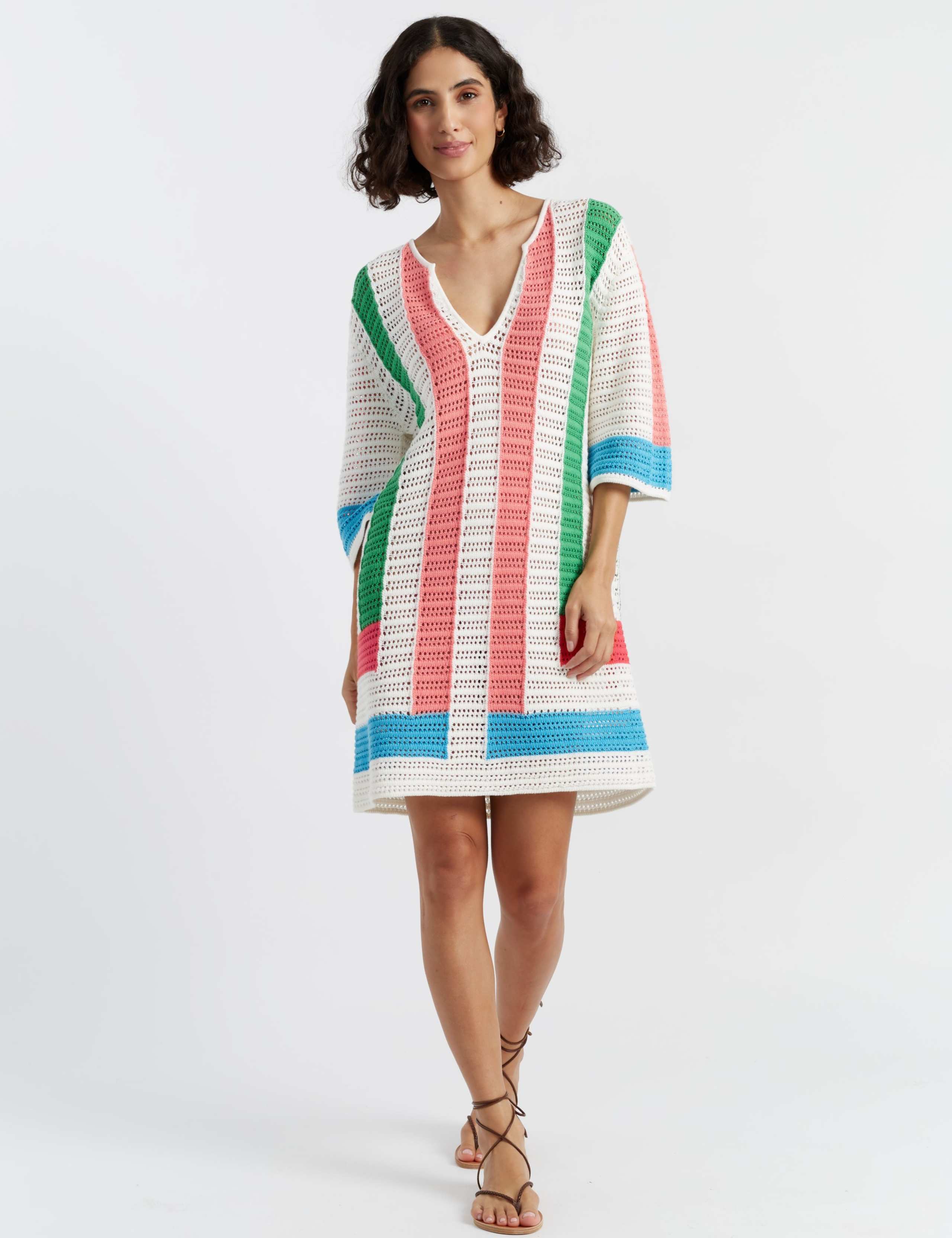 Pure Cotton Striped V-Neck Mini Kaftan Dress