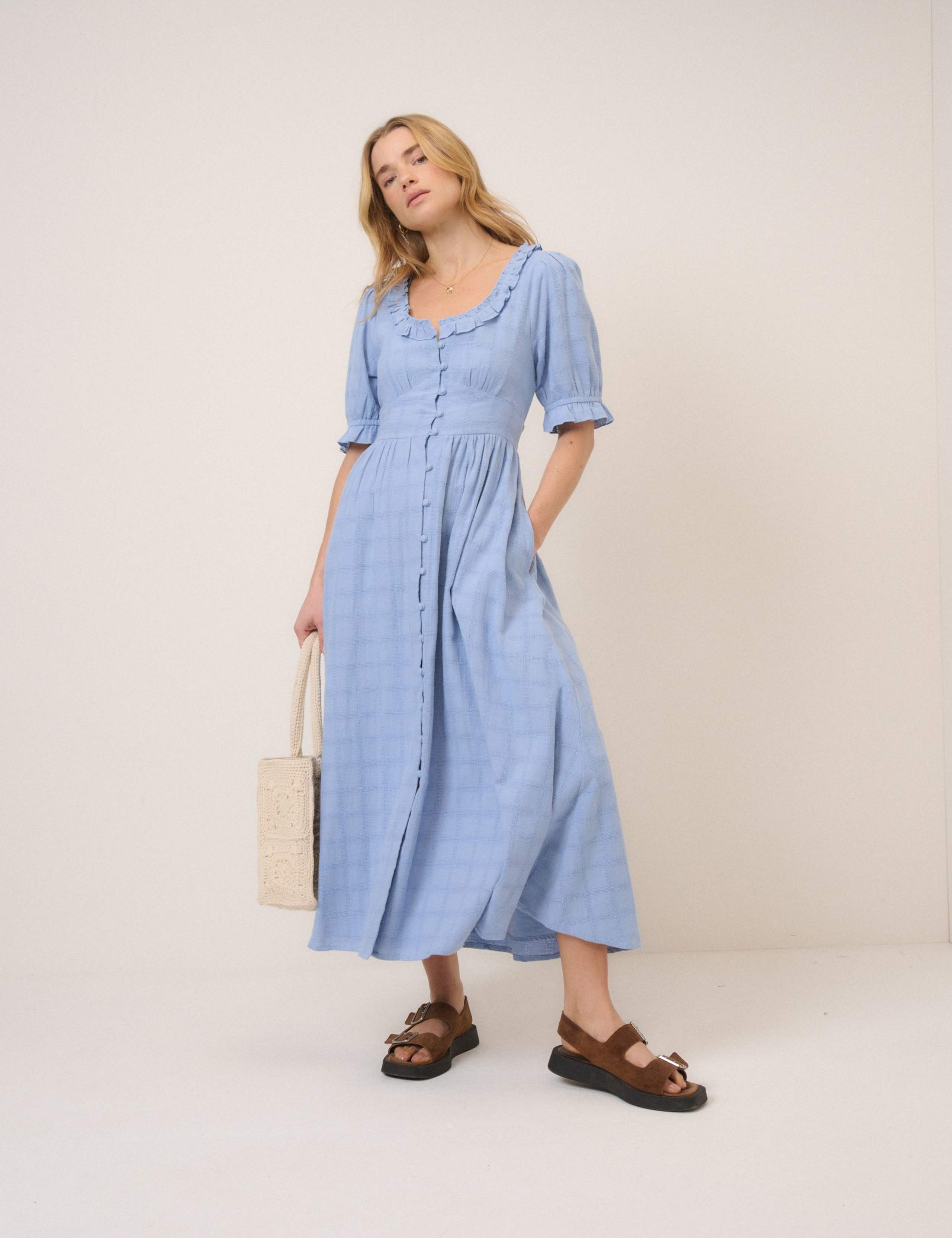 Pure Cotton Scoop Neck Midaxi Waisted Dress
