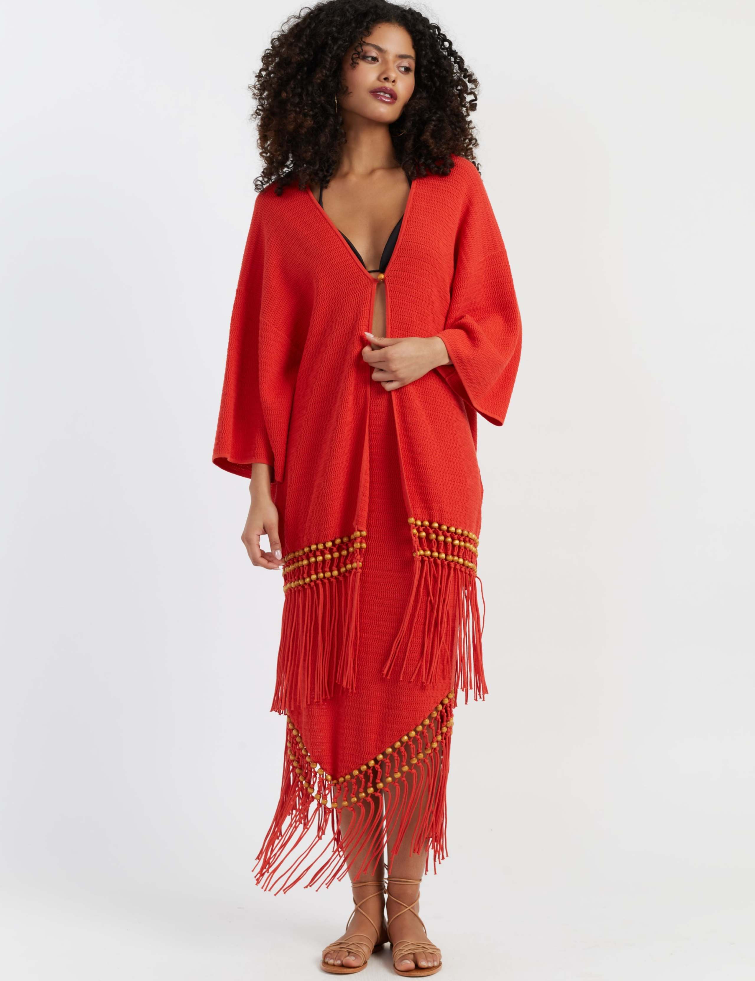 Pure Cotton Textured V-Neck Tassel Kaftan