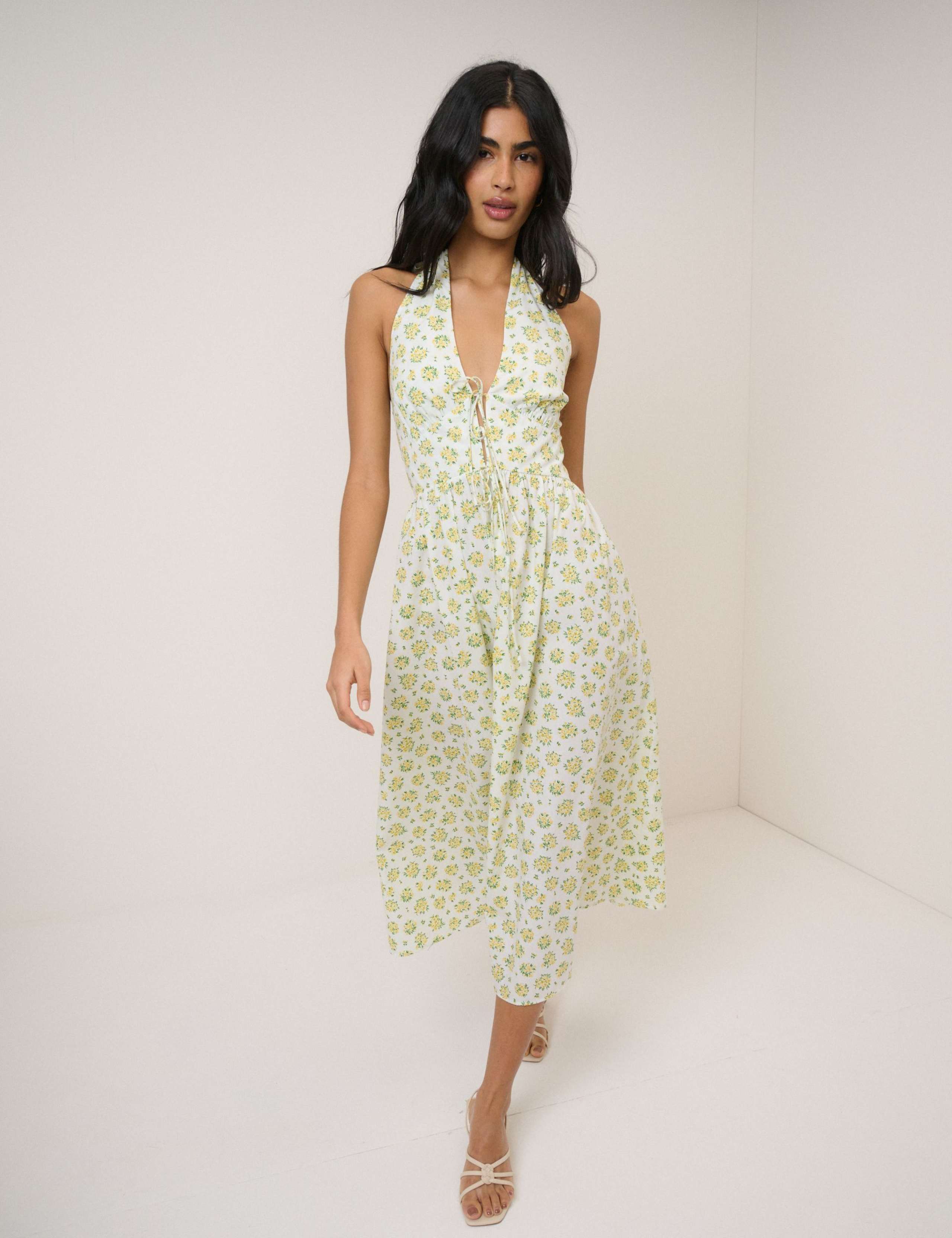 Pure Cotton Floral Halter Neck Midi Dress