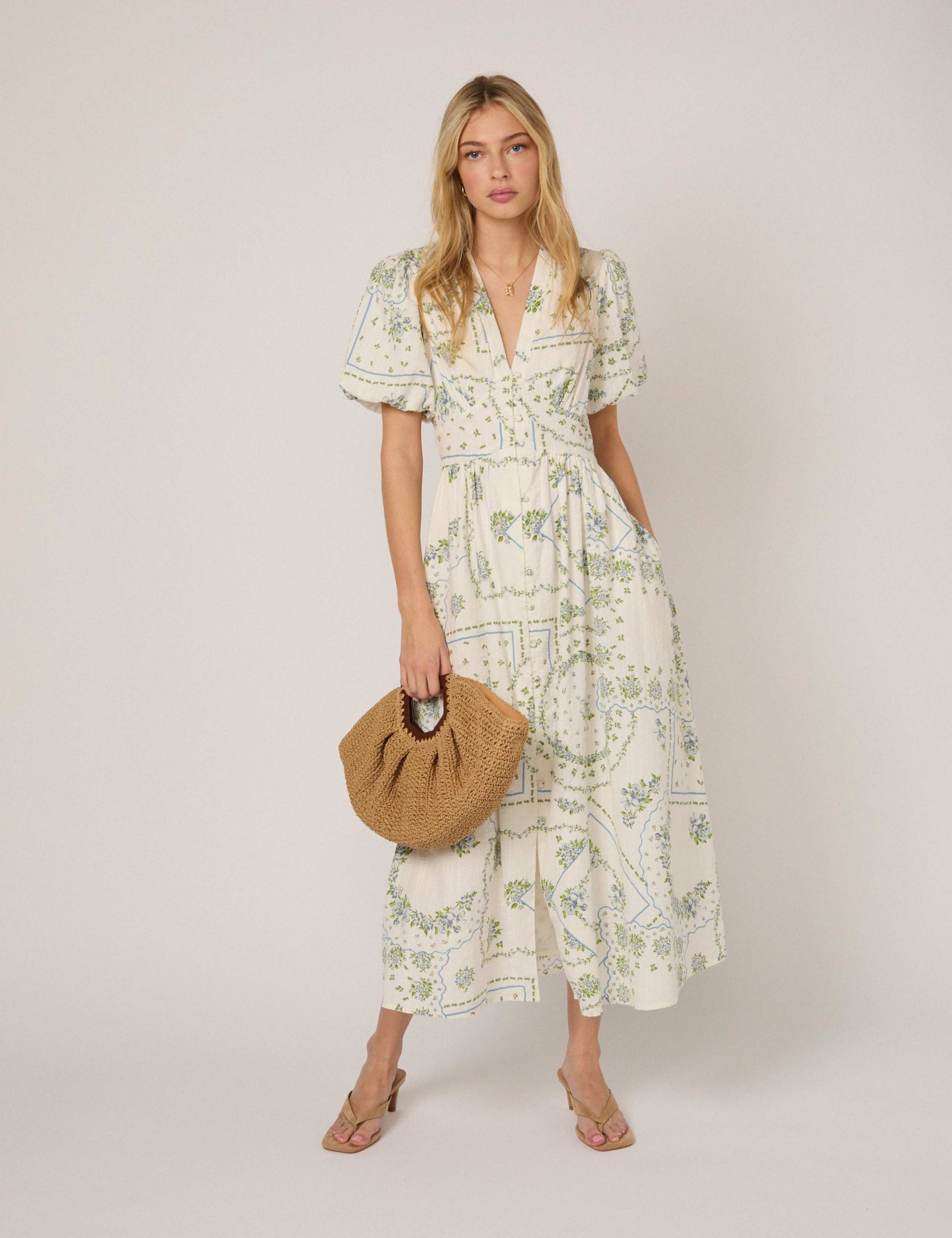 Pure Cotton Polka Dot V-Neck Waisted Dress