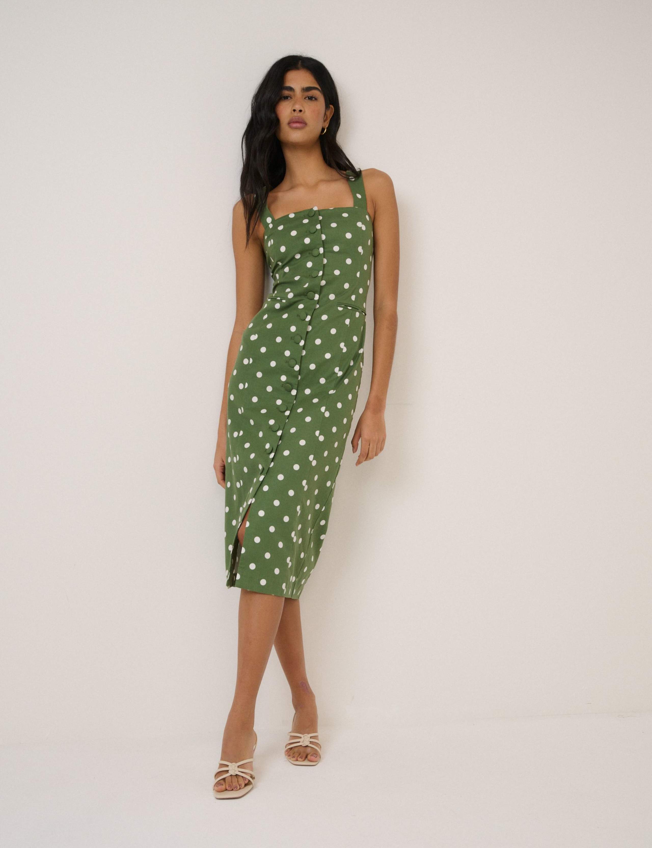 Cotton Rich Polka Dot Square Neck Midi Dress