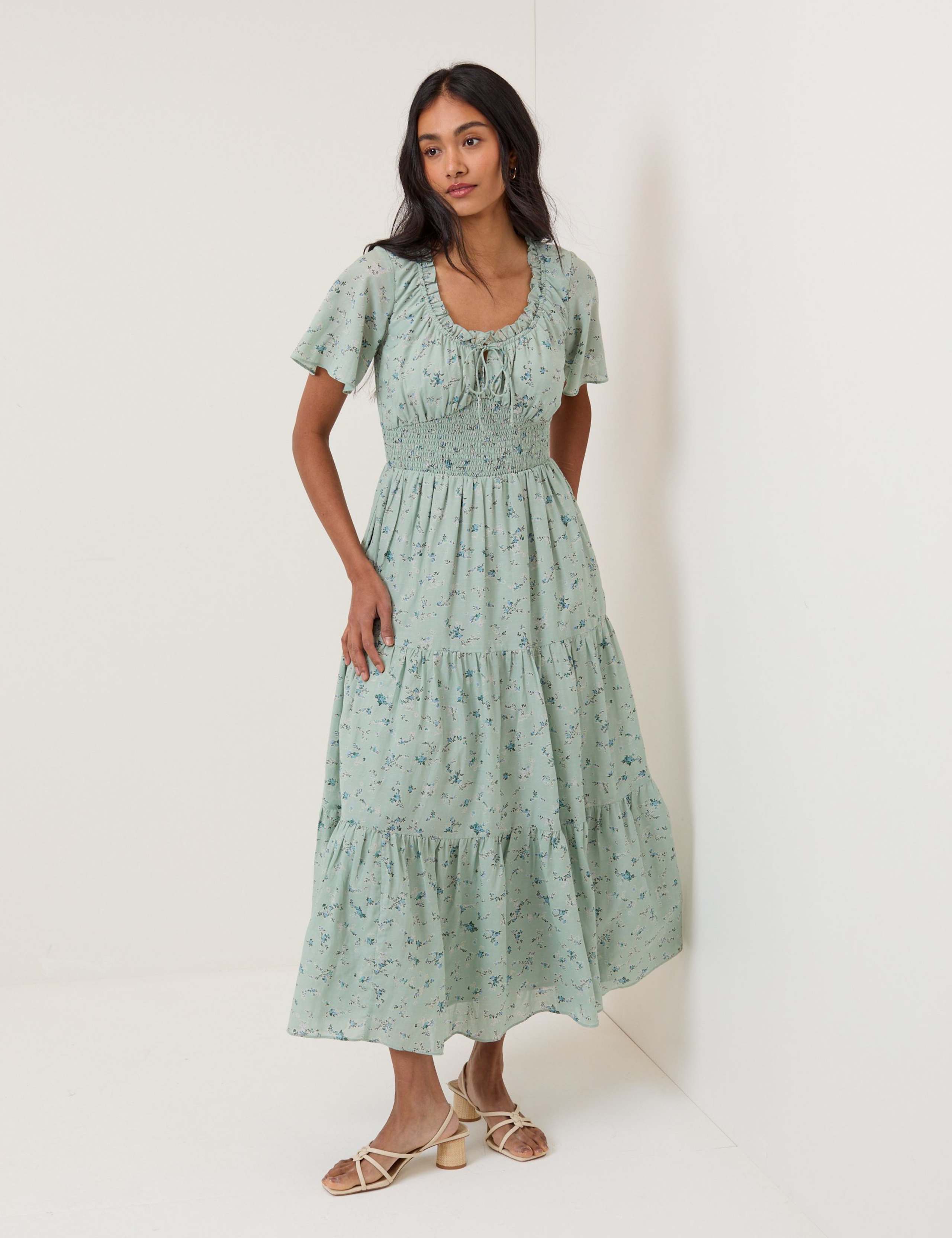Cotton Rich Floral Scoop Neck Midi Smock Dress