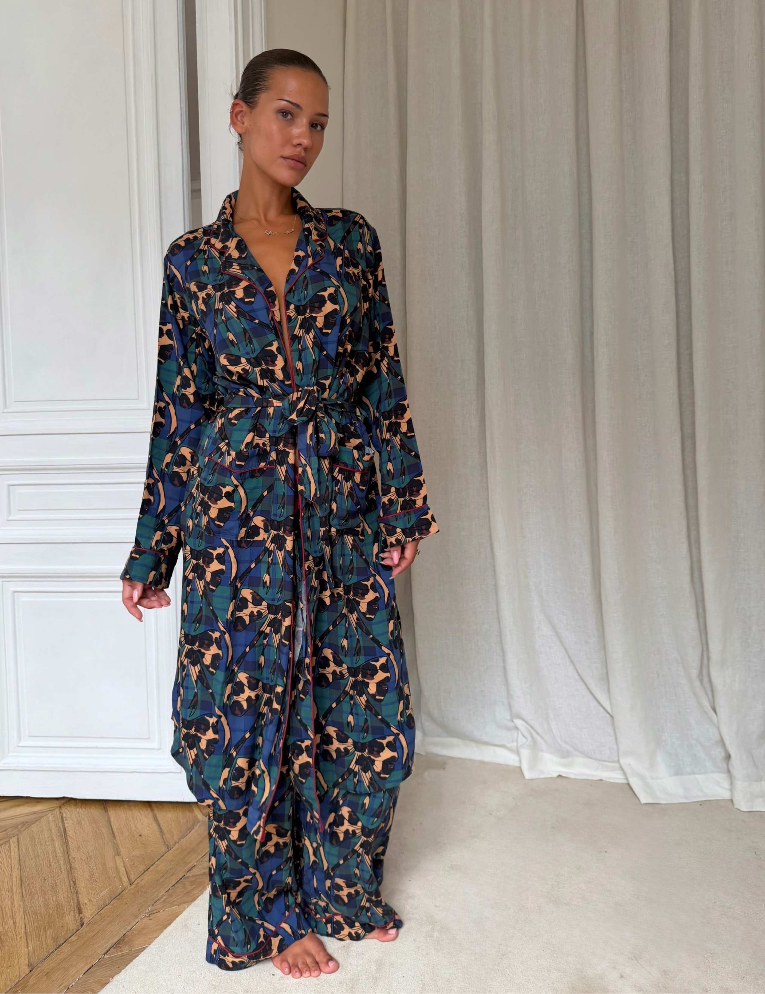 Tartan Leopard Print Bow Pyjama Set