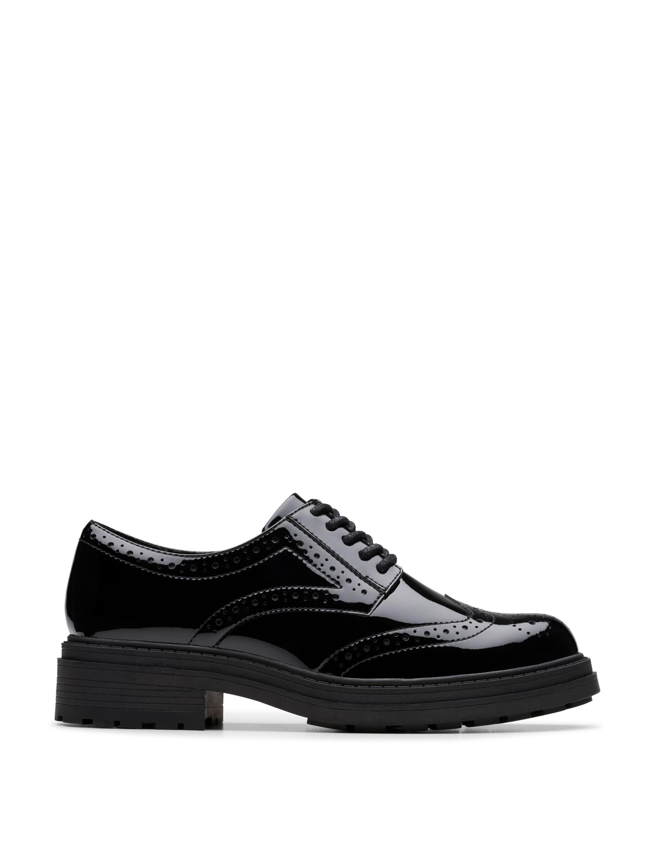 Wide Fit Leather Patent Block Heel Brogues