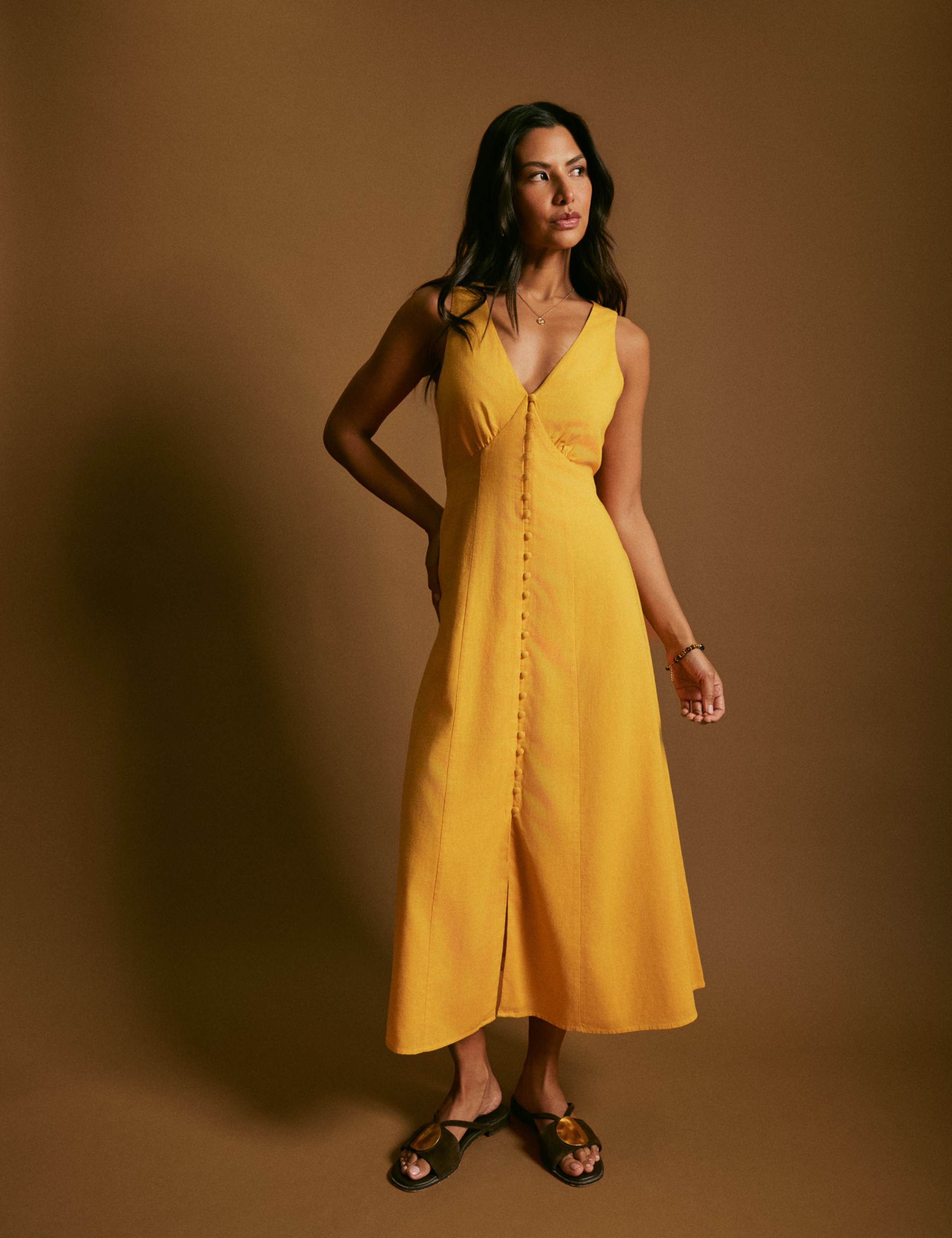 Lyocell Rich Midaxi Waisted Dress with Linen