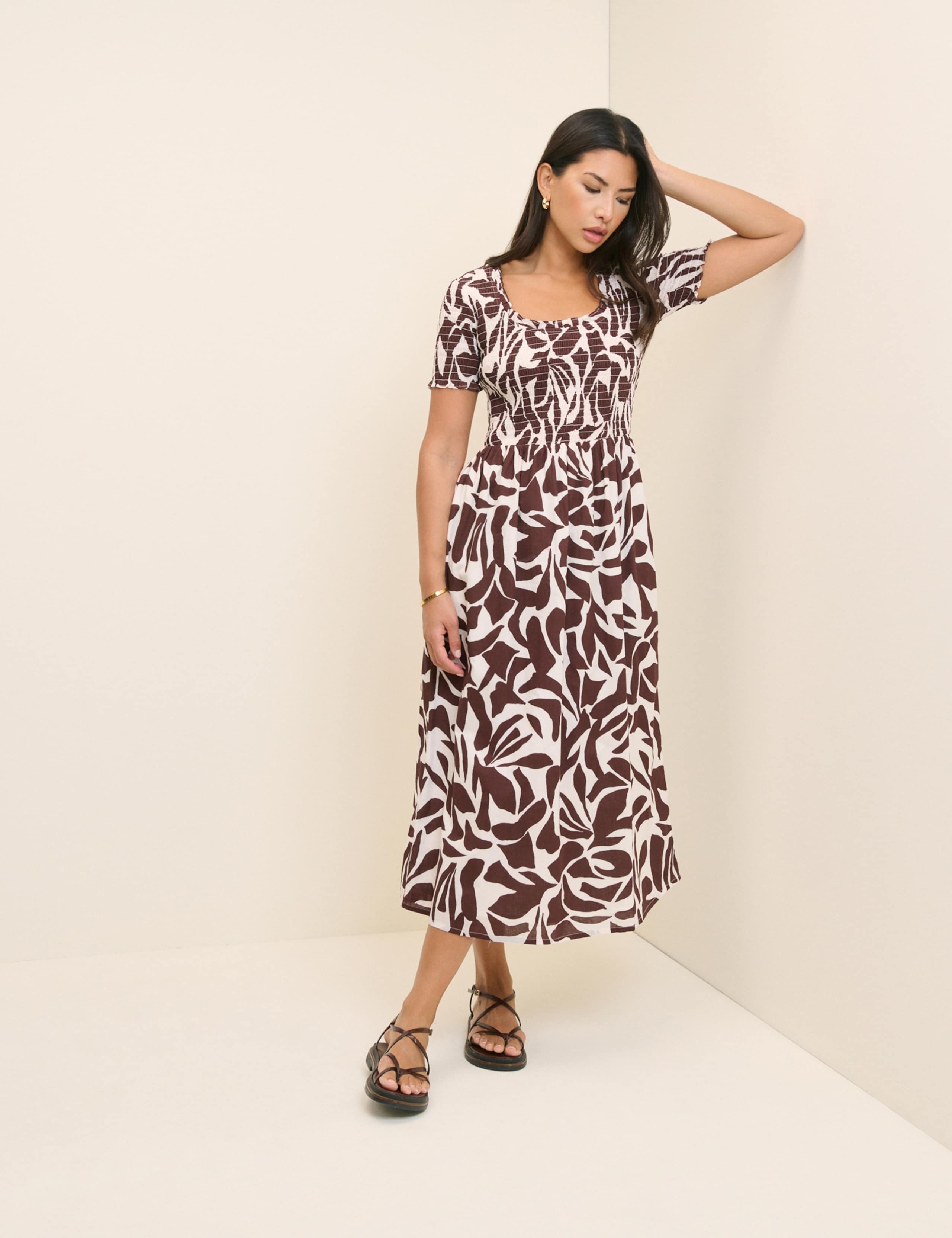 Pure Cotton Scoop Neck Shirred Midi Dress