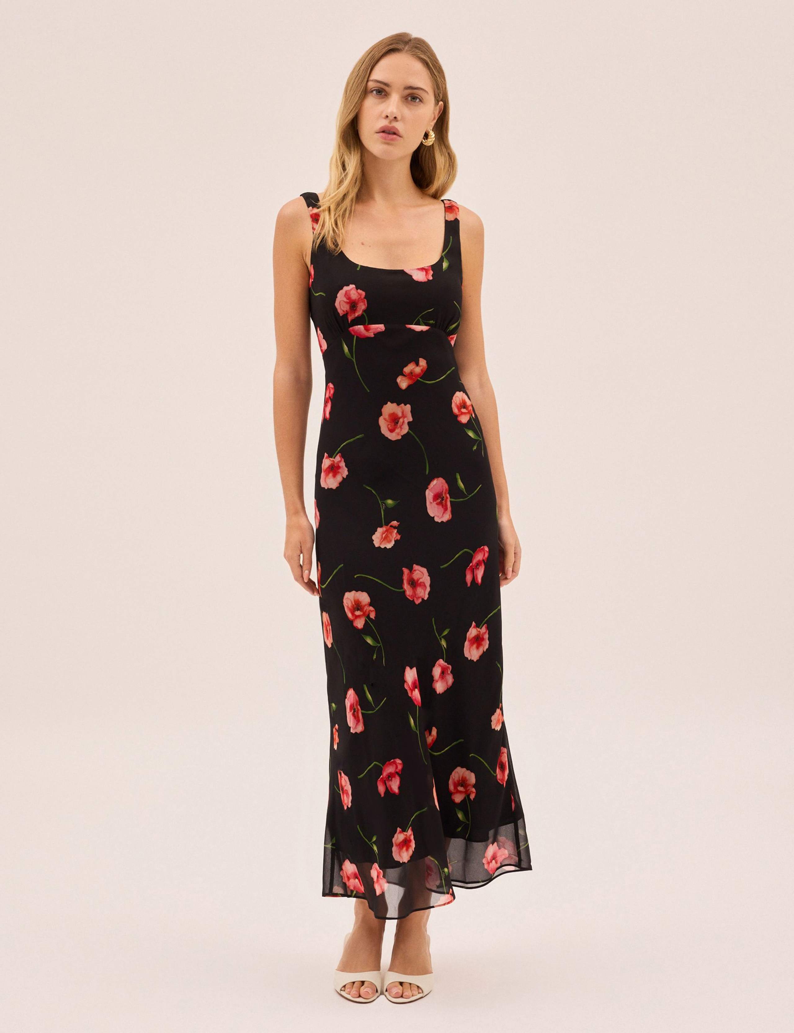 Poppy Print Scoop Neck Midi Tea Dress
