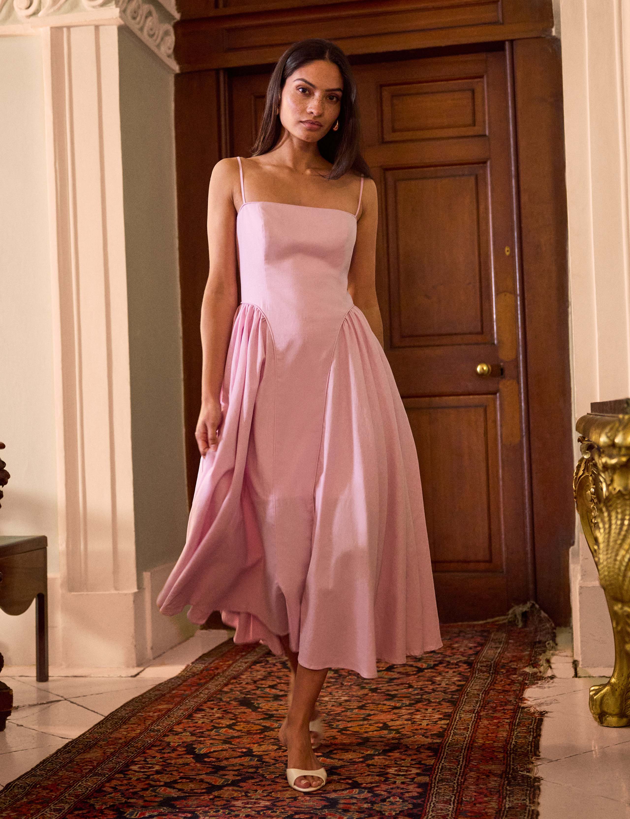 Cotton Linen Blend Square Neck Midi Dress