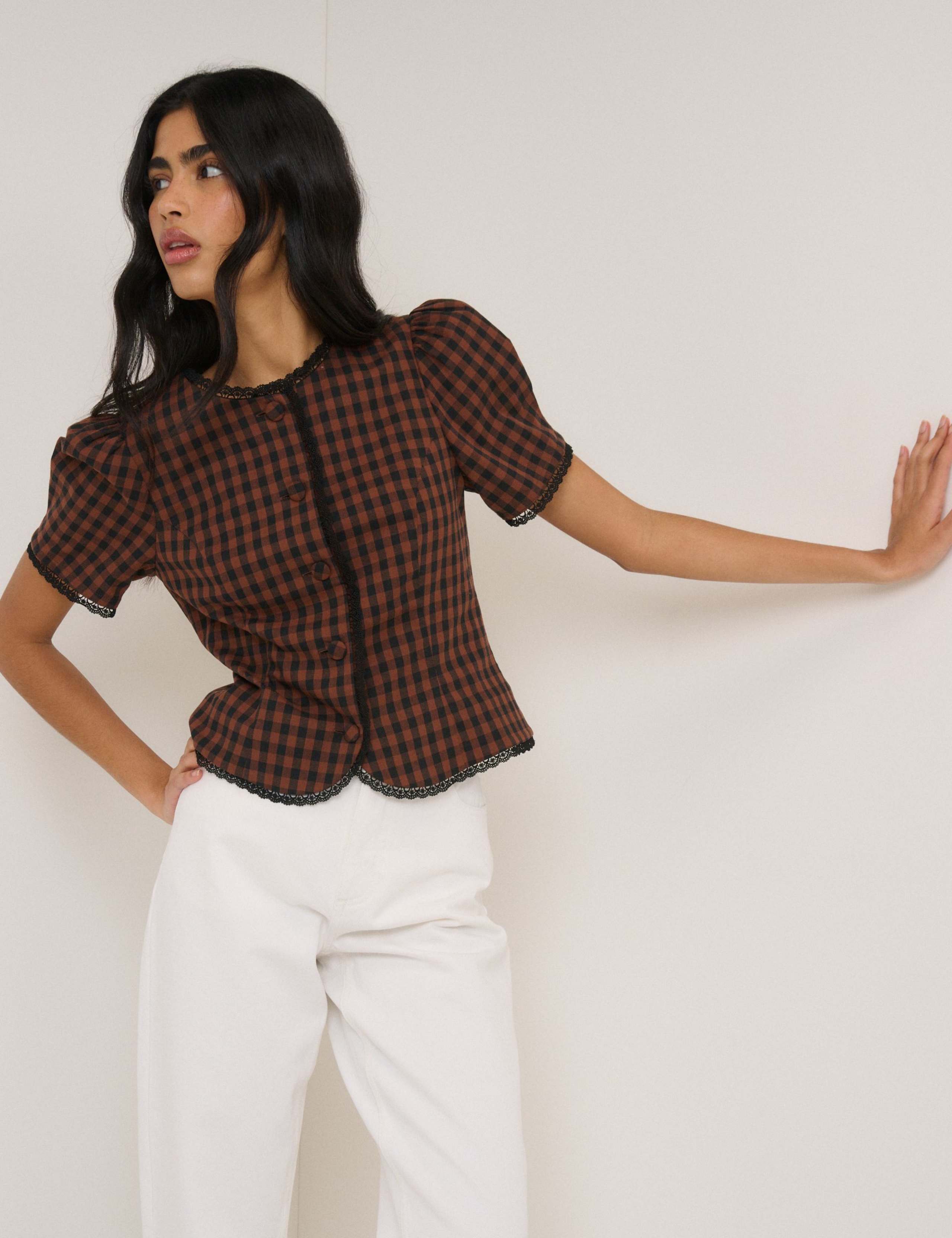 Cotton Rich Checked Puff Sleeve Top
