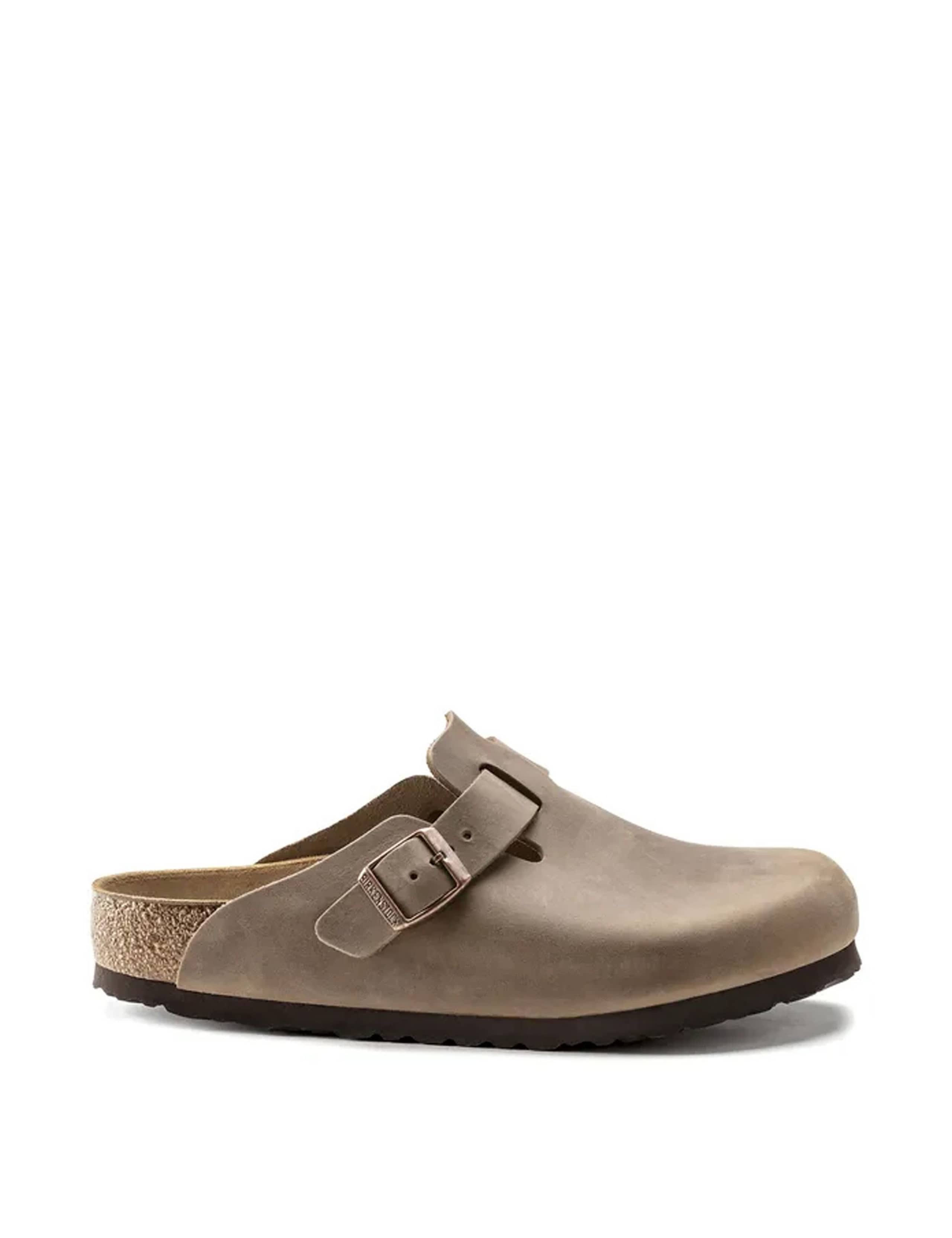 Boston Leather Buckle Flat Footbed Clogs