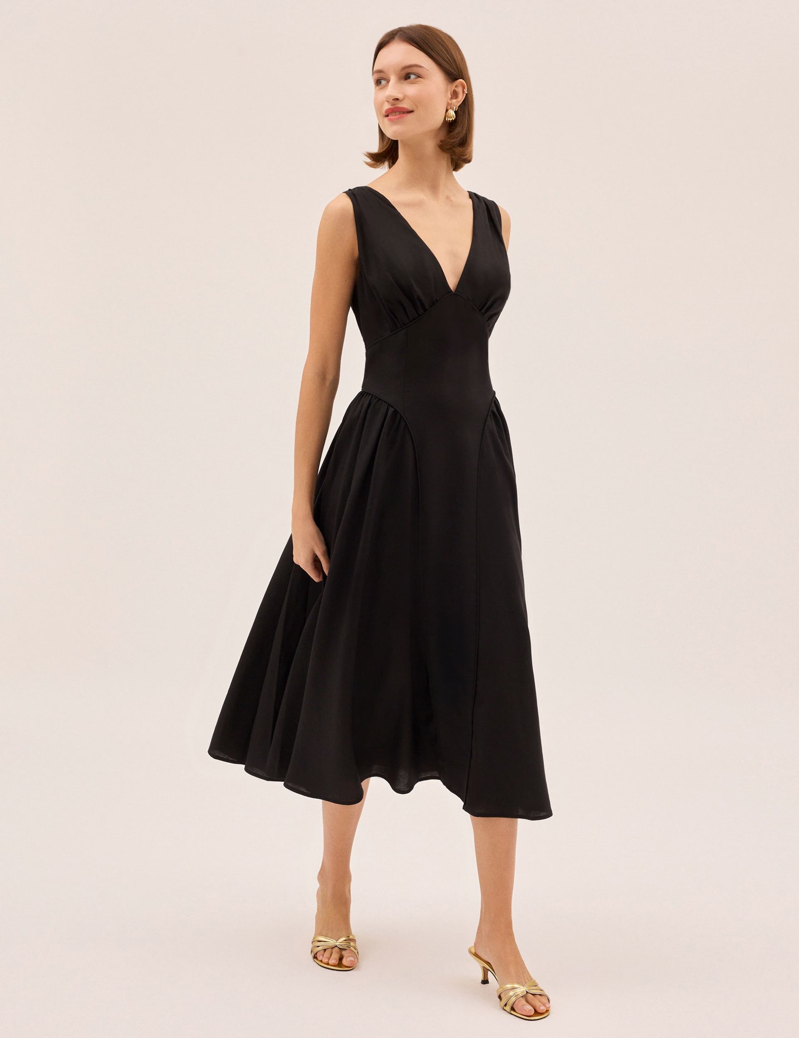 V-Neck Midi Waisted Dress with Linen