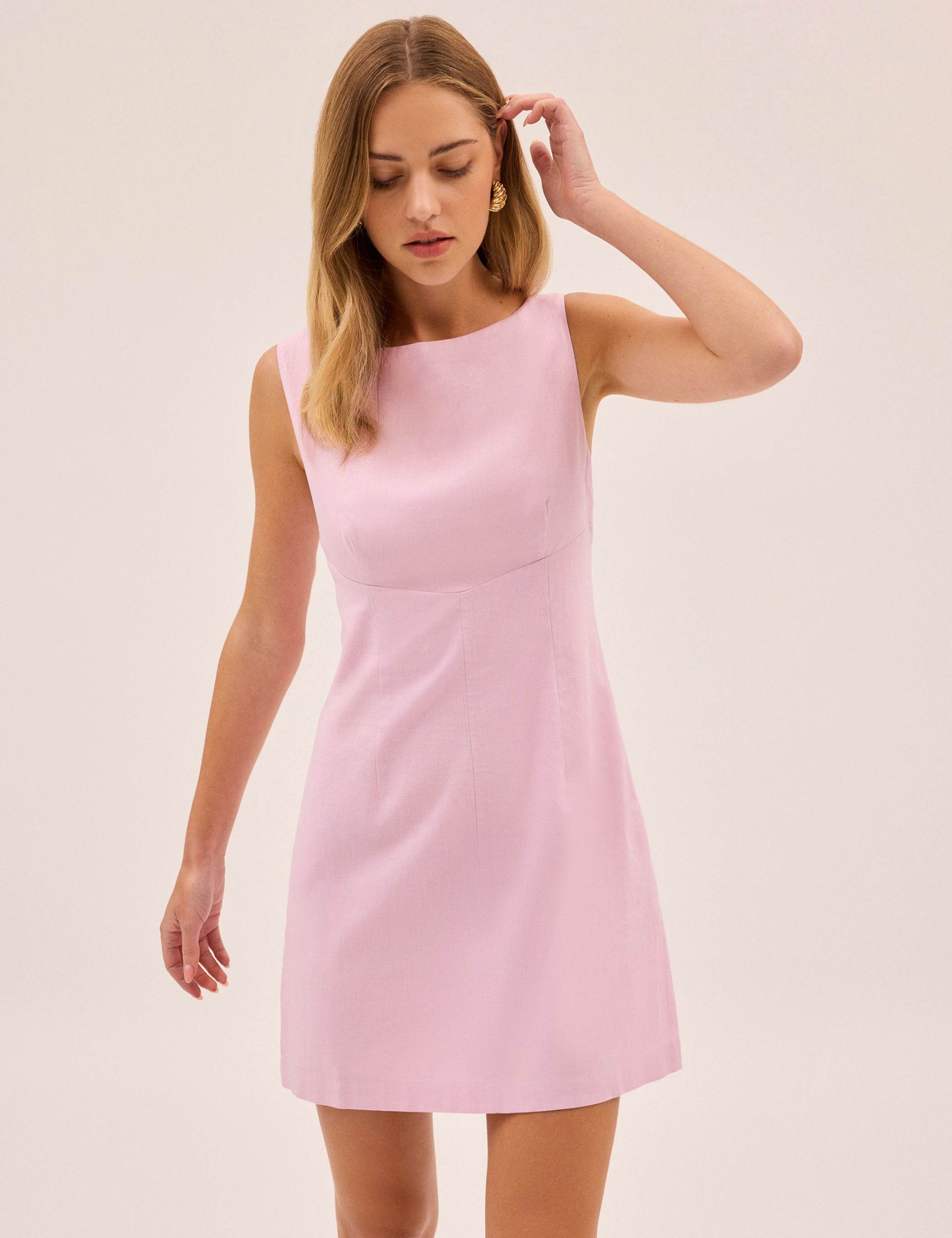 Linen Blend Round Neck Mini Shift Dress