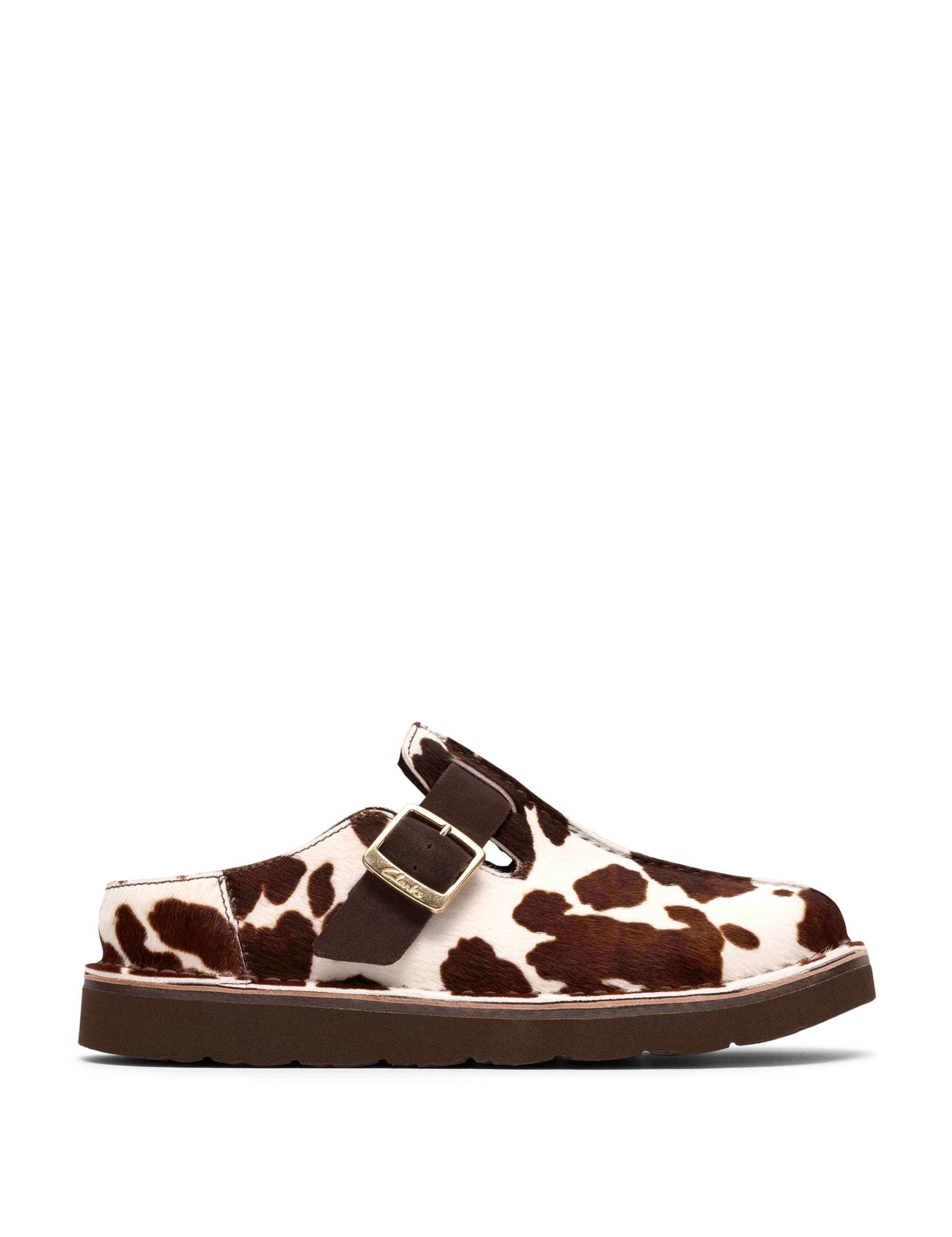 Leather Cow Print Buckle Mules