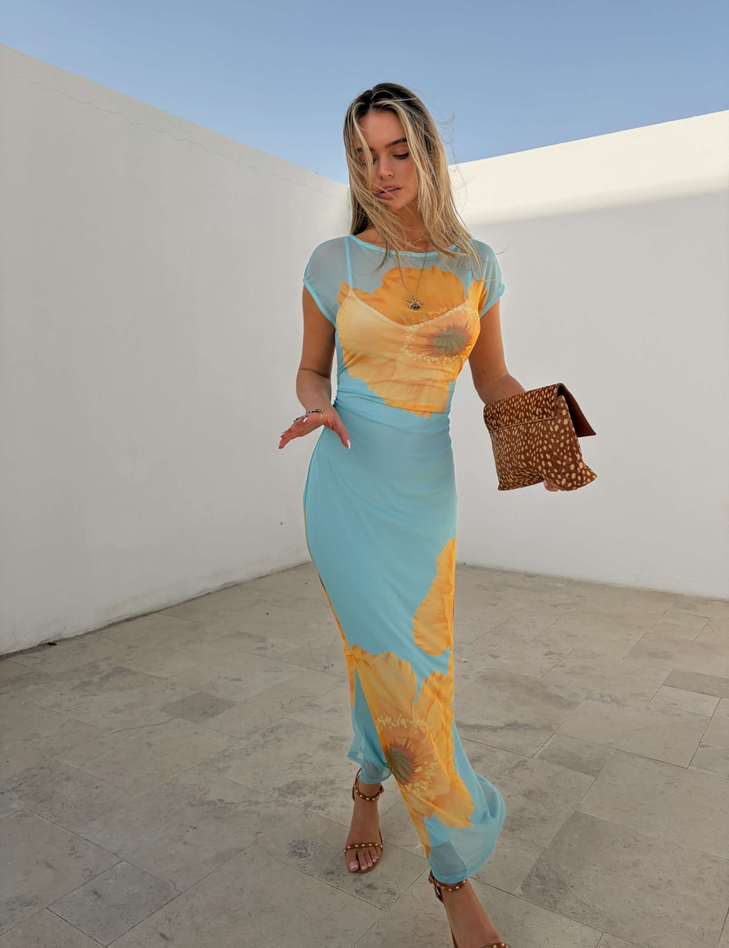 Mesh Poppy Print Midaxi Bodycon Dress