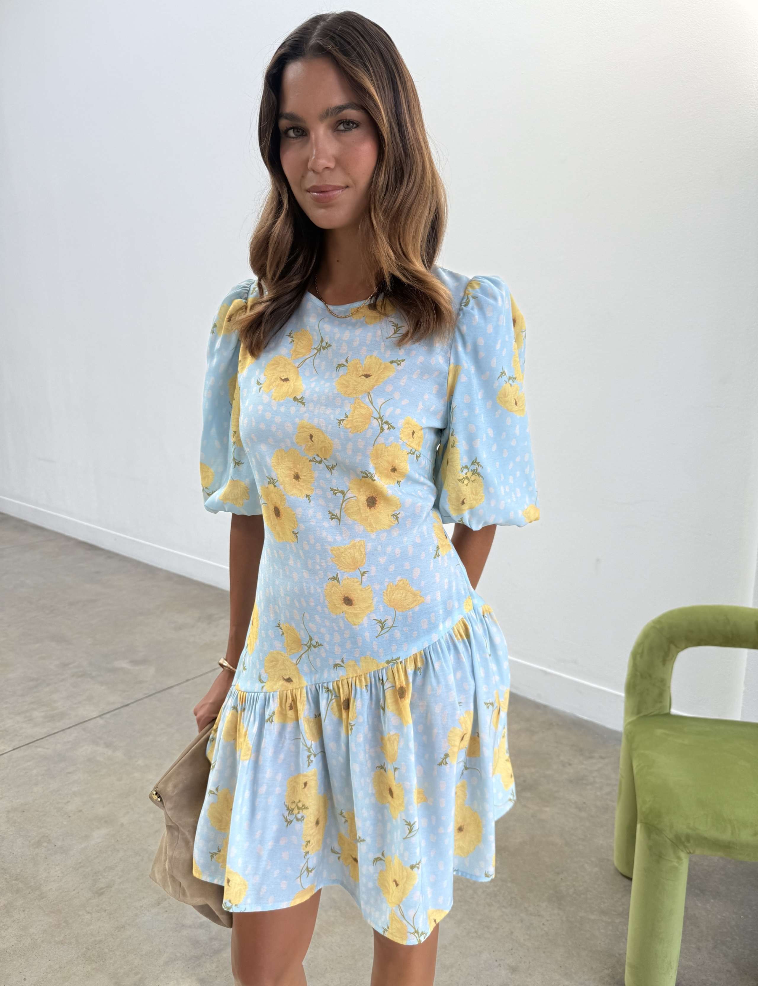 Floral Asymmetric Hem Puff Sleeve Mini Dress