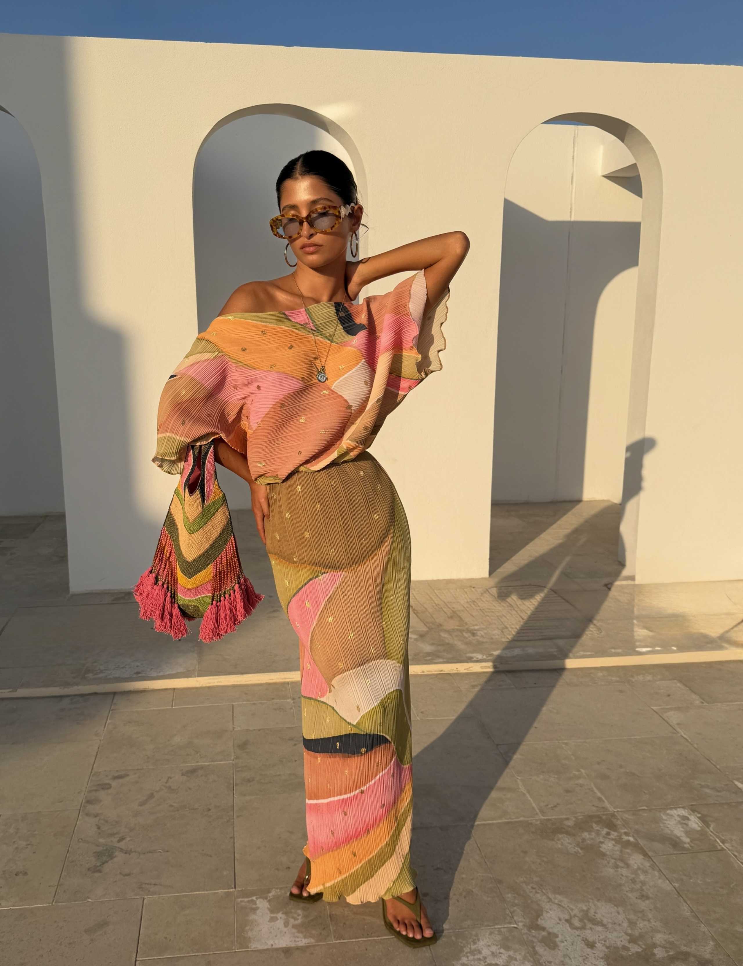 Plisse Abstract Midi Waisted Dress