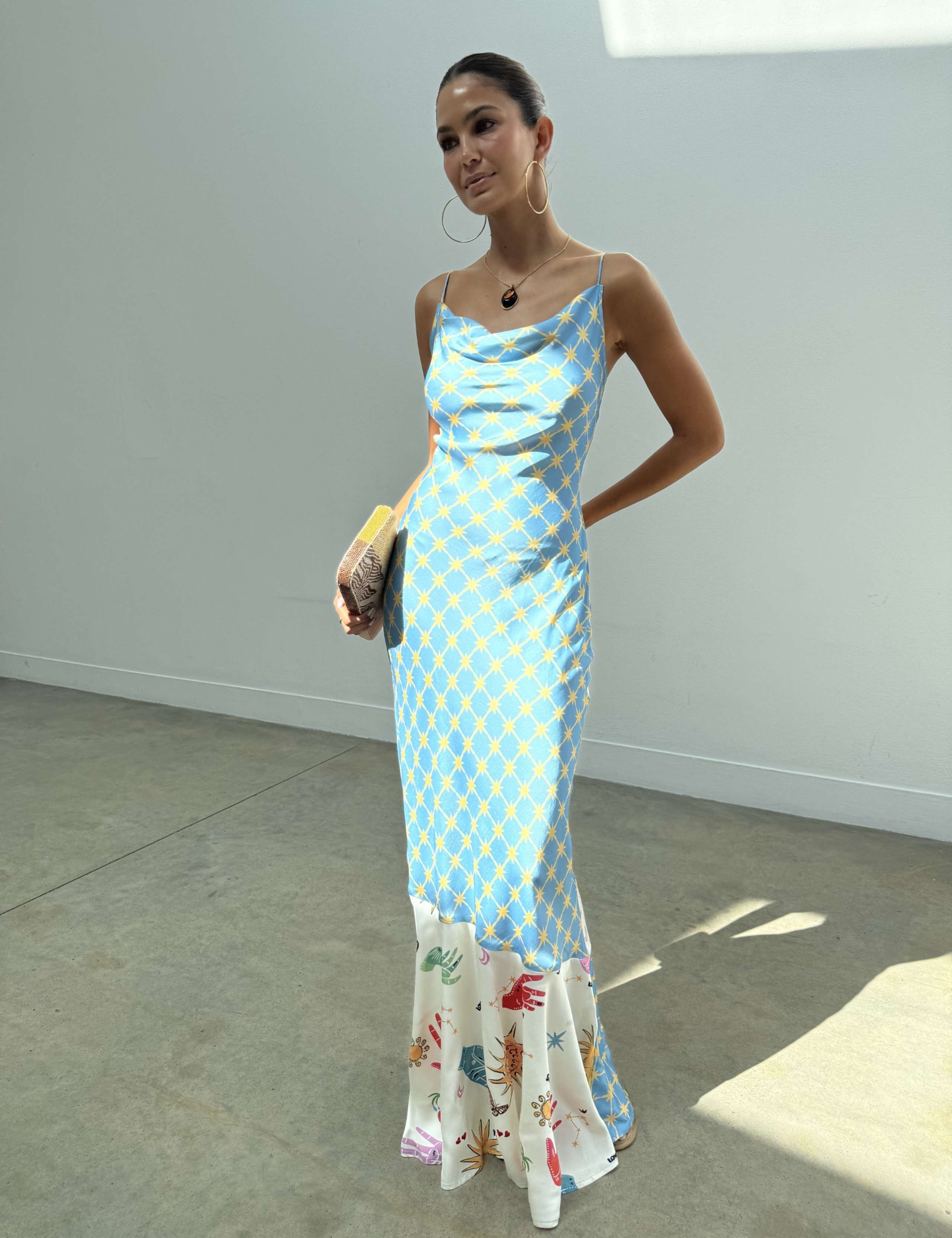 Printed Cowl Neck Maxi lLip Dress