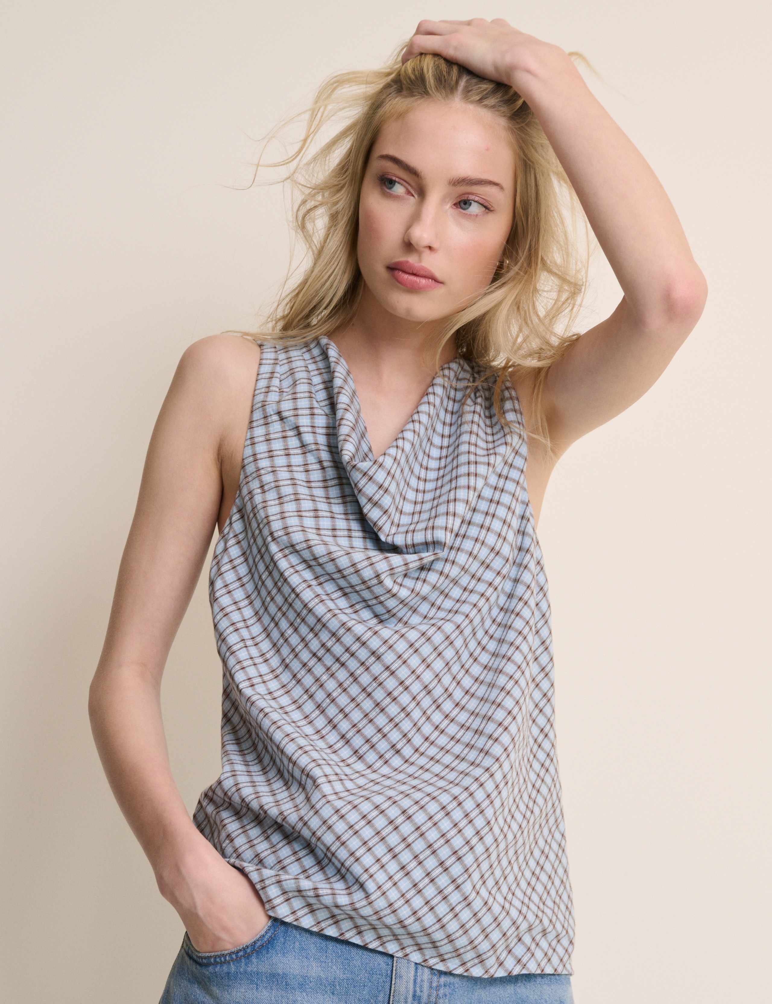 Pure Cotton Checked Cowl Neck Blouse