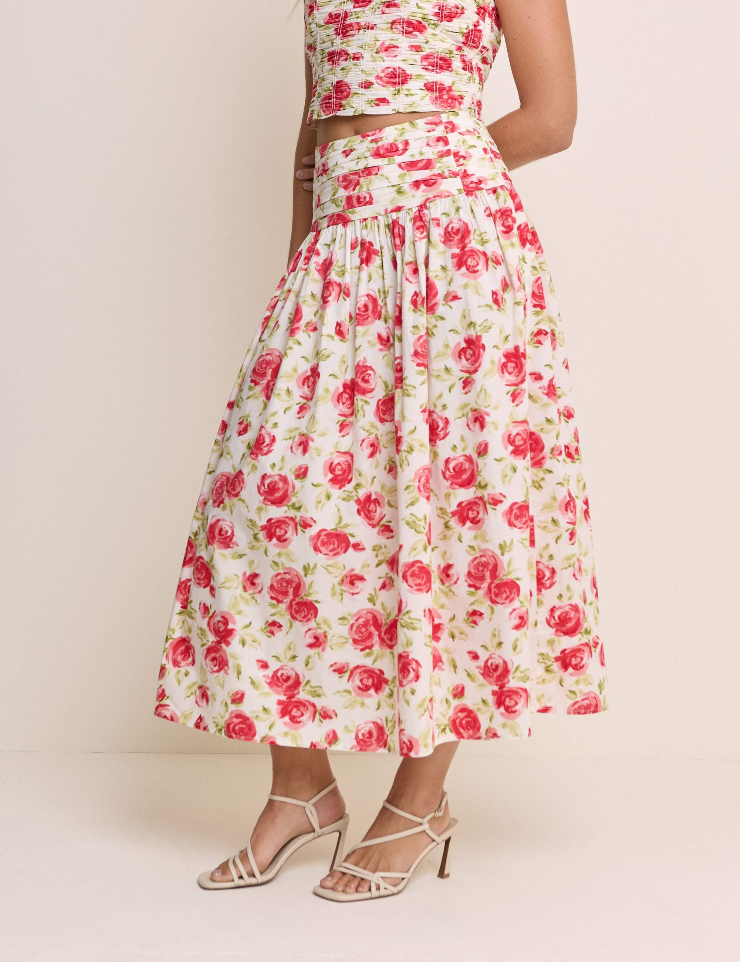 Pure Cotton Floral Midi A-Line Skirt