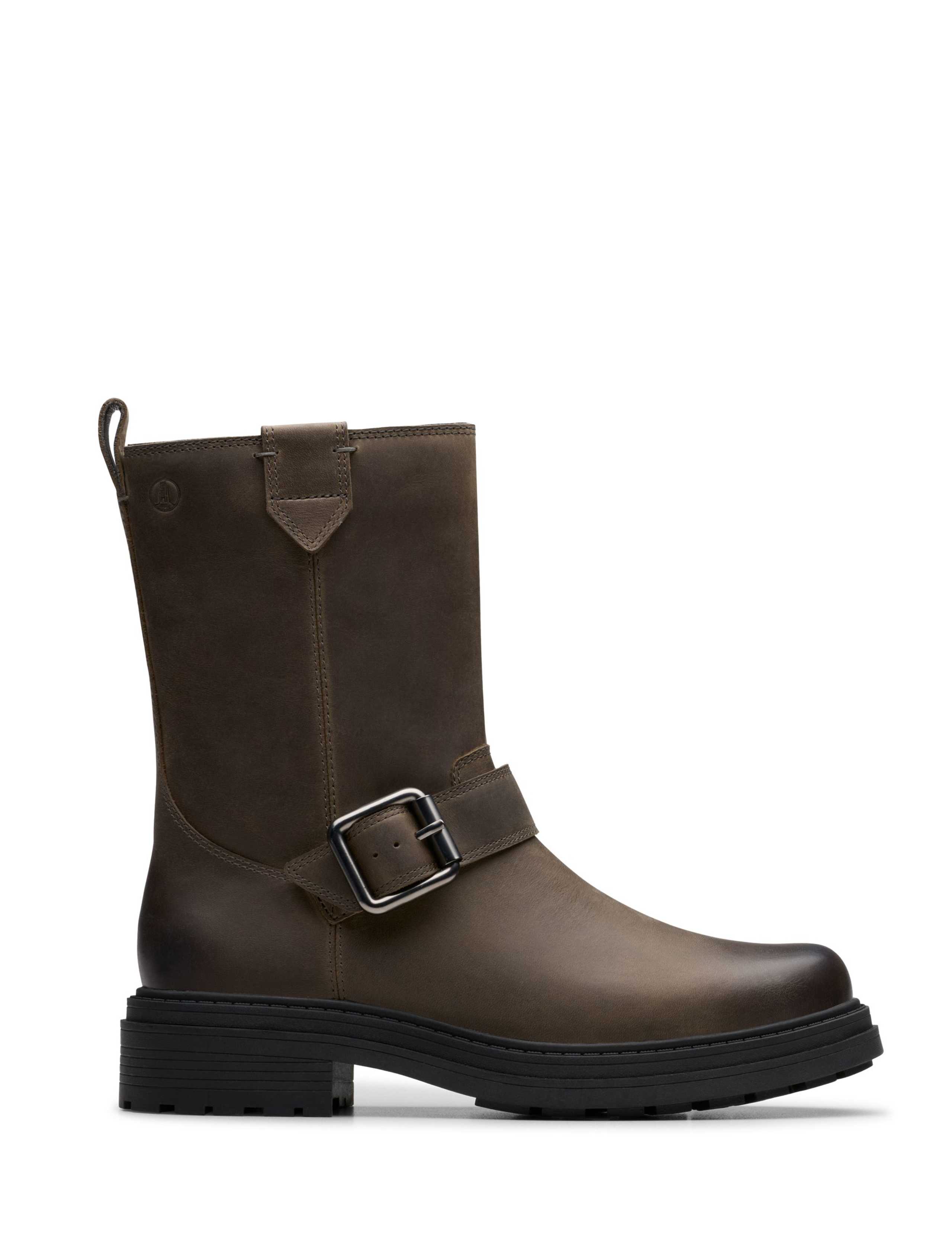Leather Buckle Block Heel Mid Calf Boots
