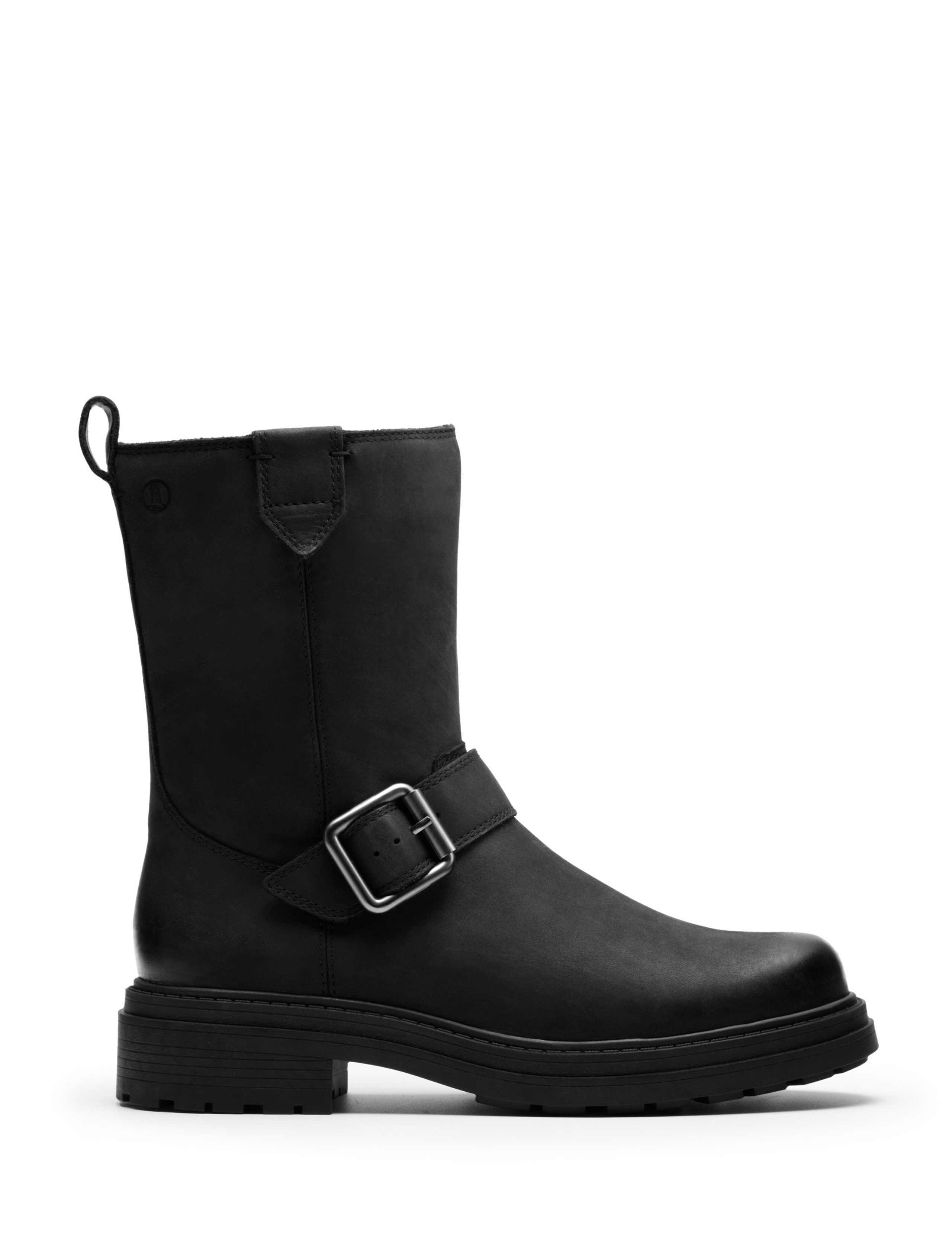 Leather Buckle Block Heel Mid Calf Boots