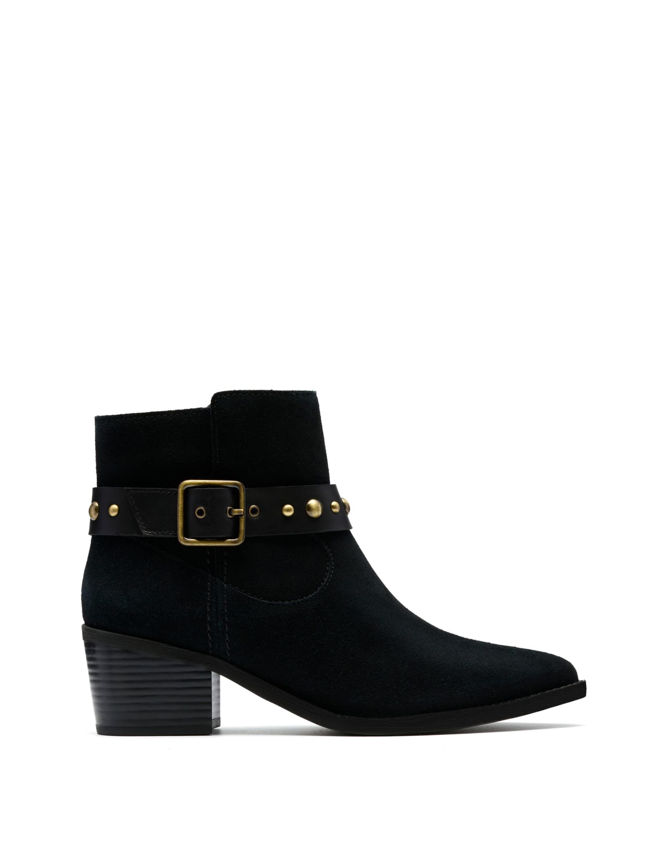 Suede Buckle Block Heel Pointed Ankle Boots