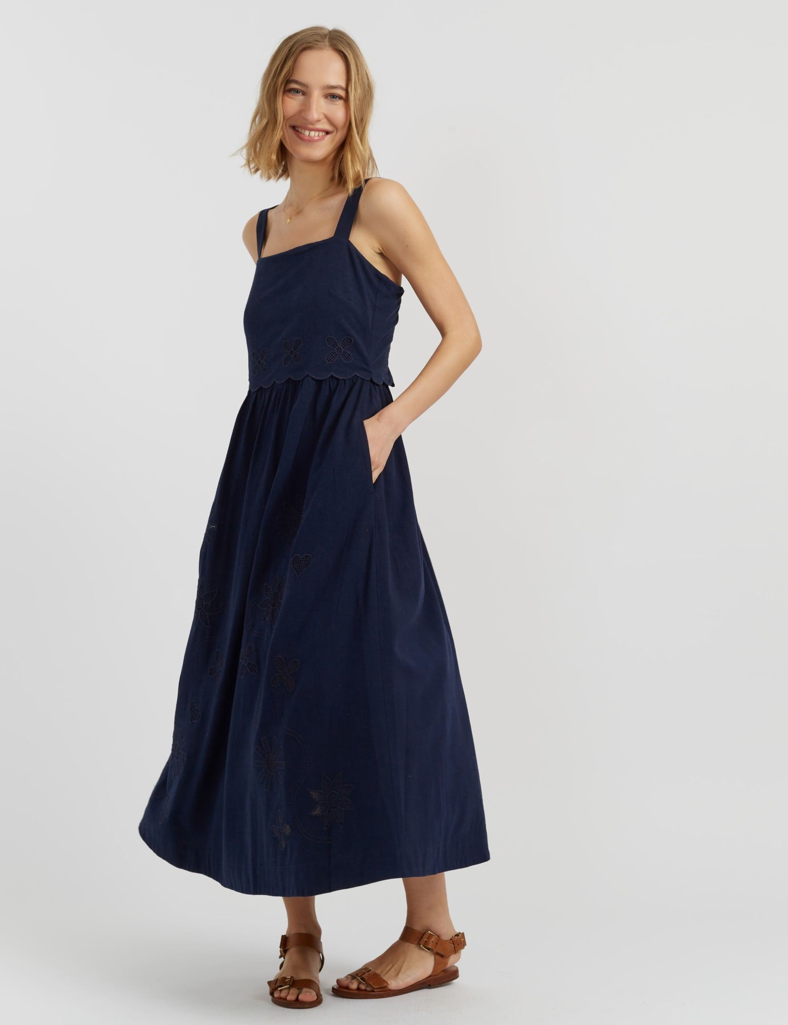 Broderie Square Neck Maxi Waisted Dress