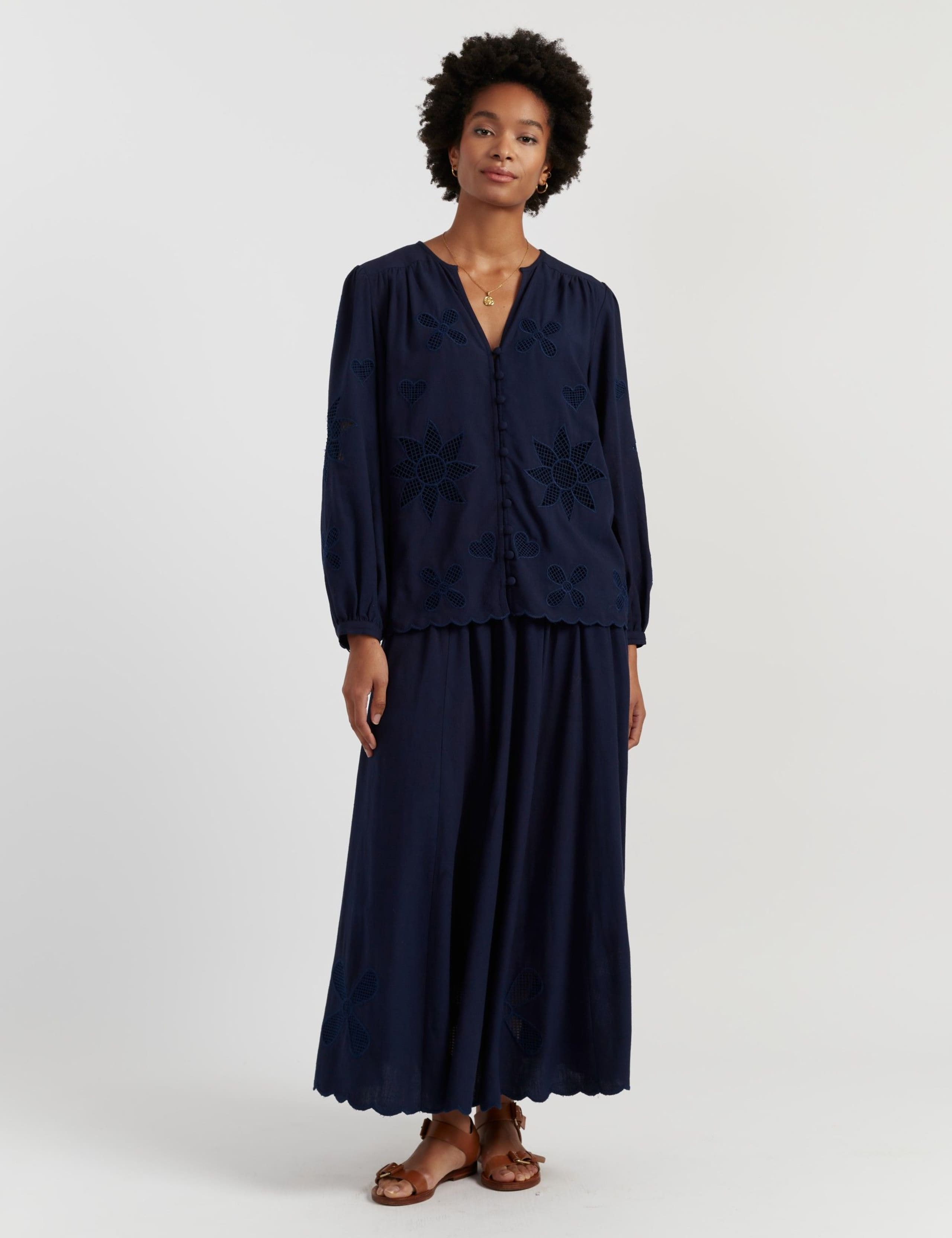 Broderie Midi A-Line Skirt with Linen