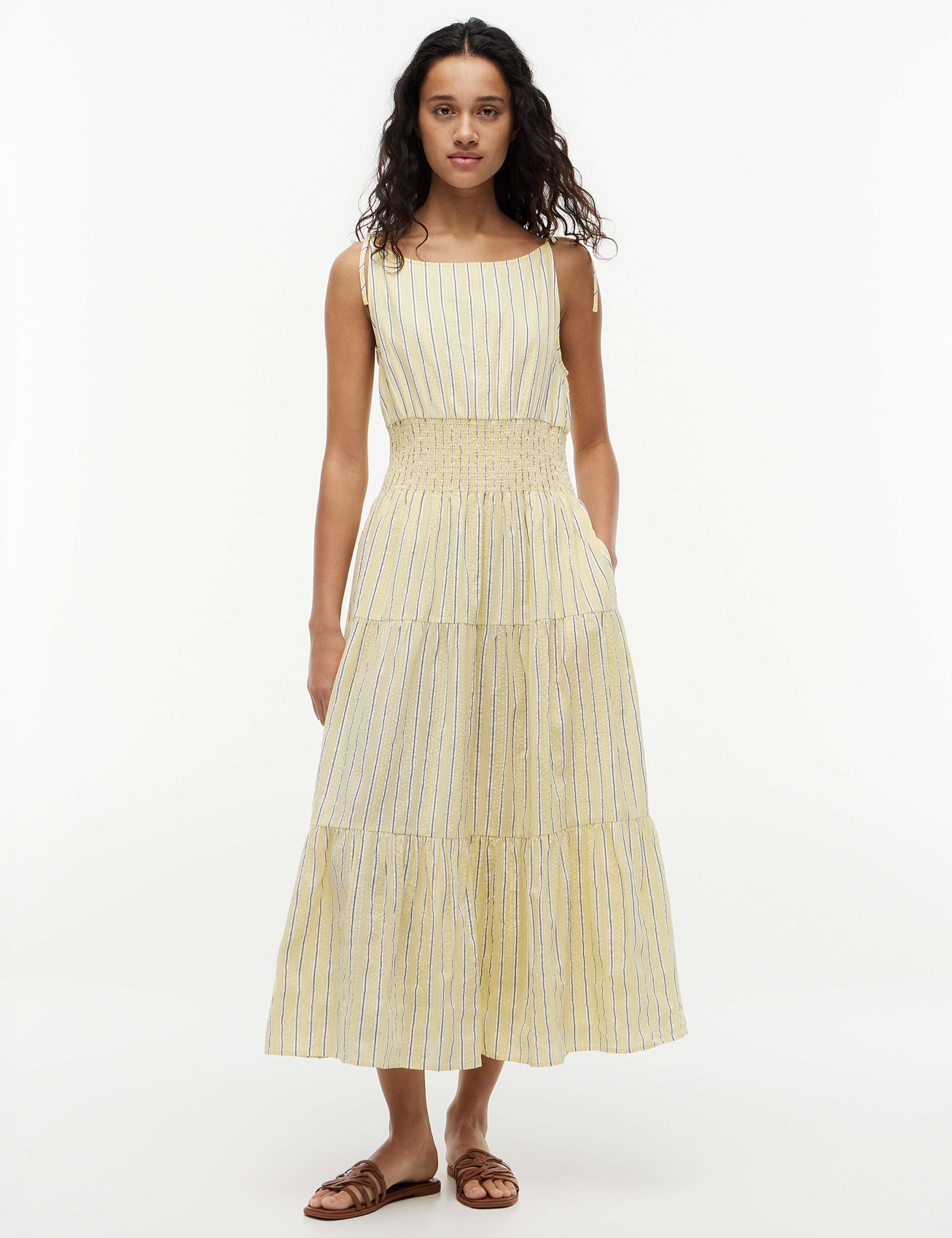 Cotton Rich Tie Midi Tiered Smock Dress