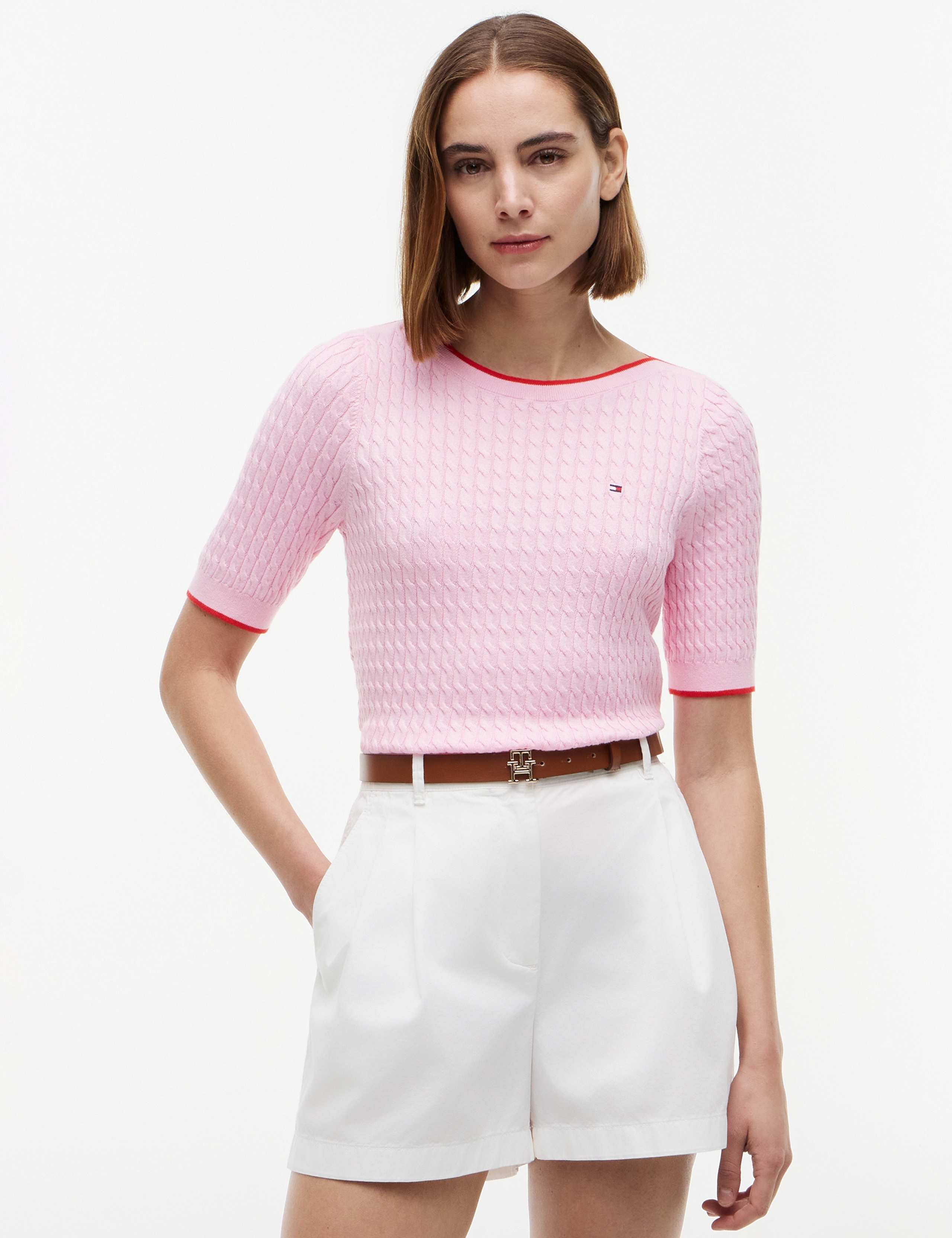 Pure Cotton Cable Knit Slash Neck Knitted Top